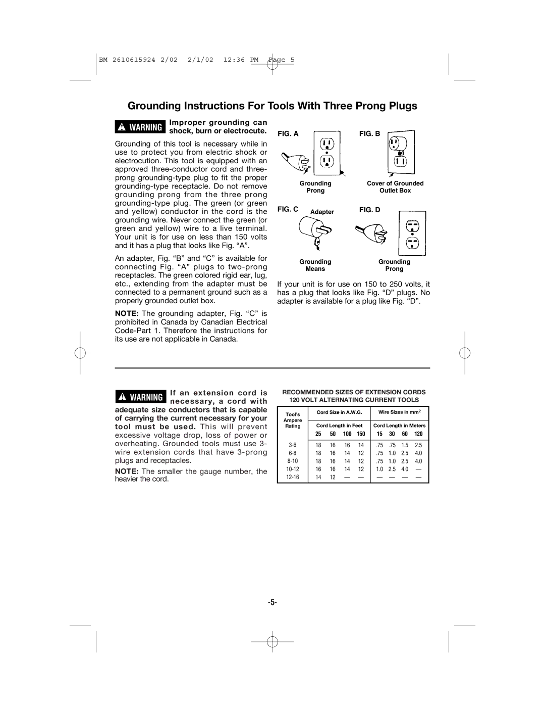 Bosch Power Tools 1942 manual Grounding Instructions For Tools With Three Prong Plugs, Improper grounding can 