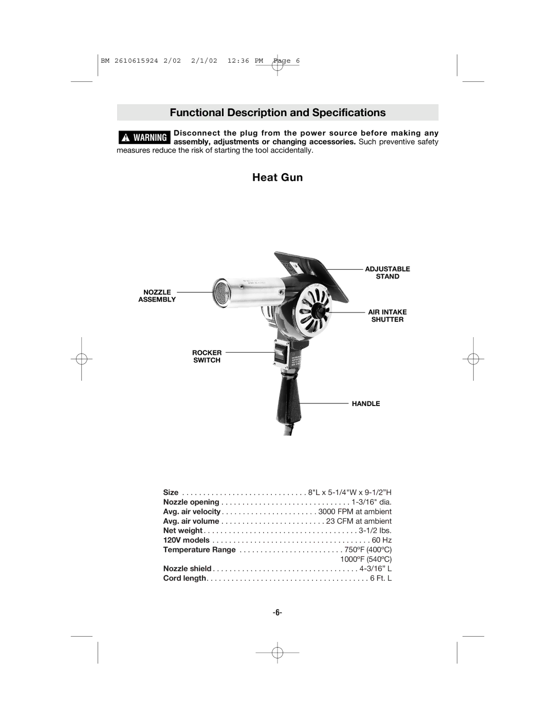 Bosch Power Tools 1942 manual Functional Description and Specifications, Heat Gun 