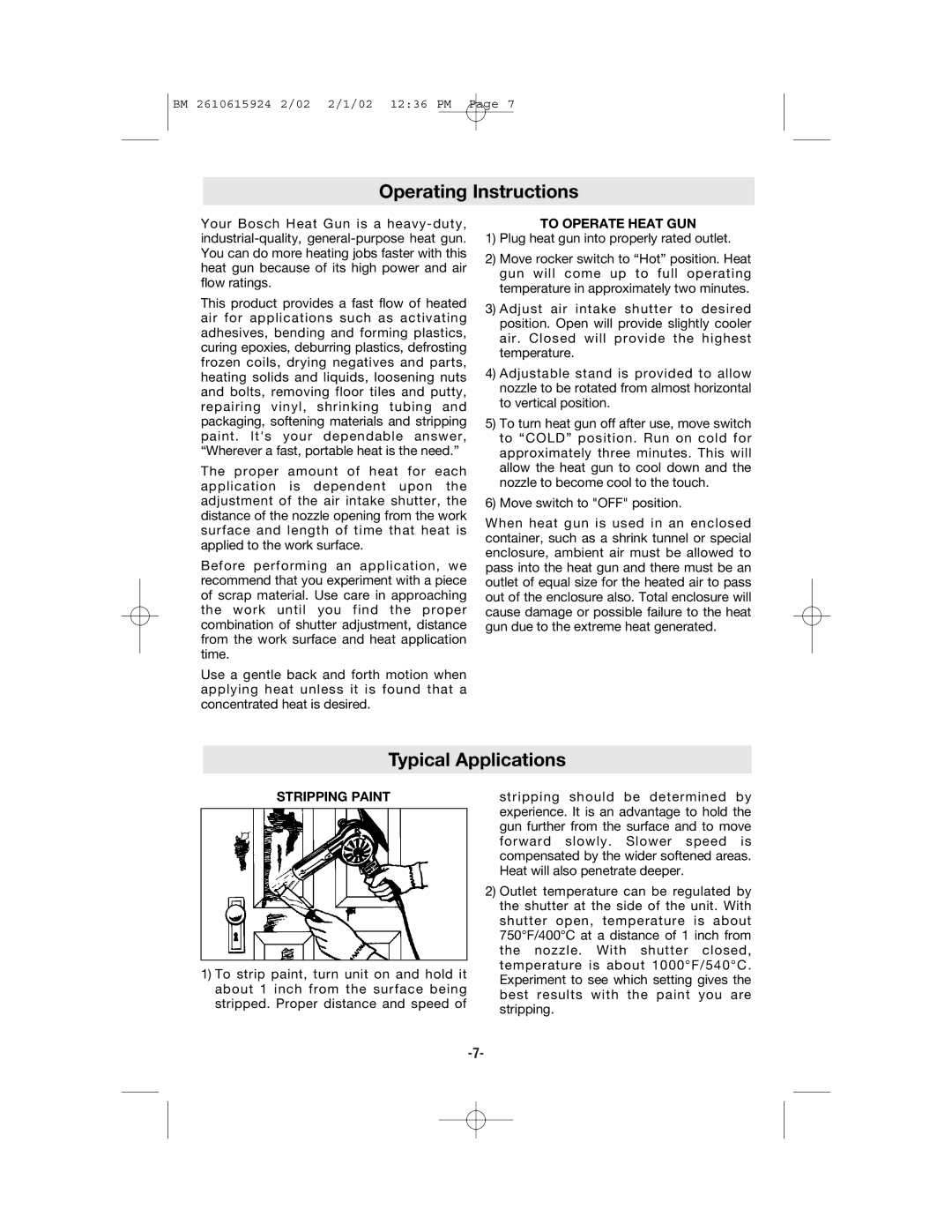 Bosch Power Tools 1942 manual Operating Instructions, Typical Applications, To Operate Heat GUN, Stripping Paint 