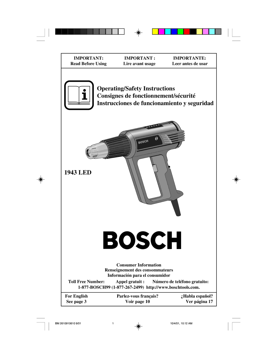 Bosch Power Tools 1943 LED manual Read Before Using Lire avant usage Leer antes de usar 