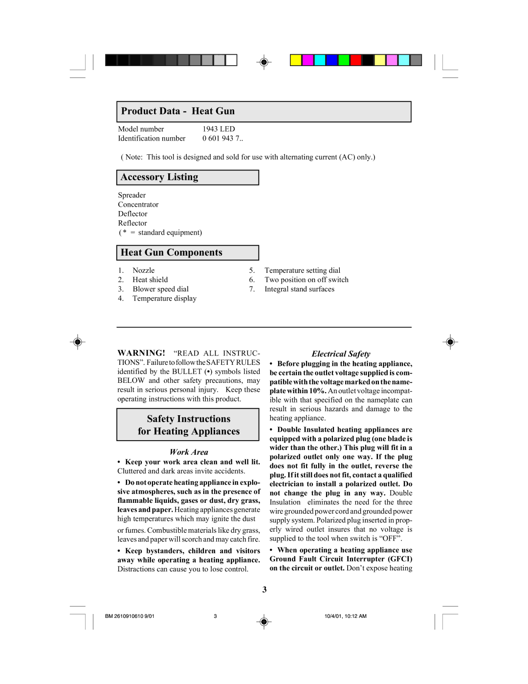 Bosch Power Tools 1943 LED manual Product Data Heat Gun, Accessory Listing, Heat Gun Components 