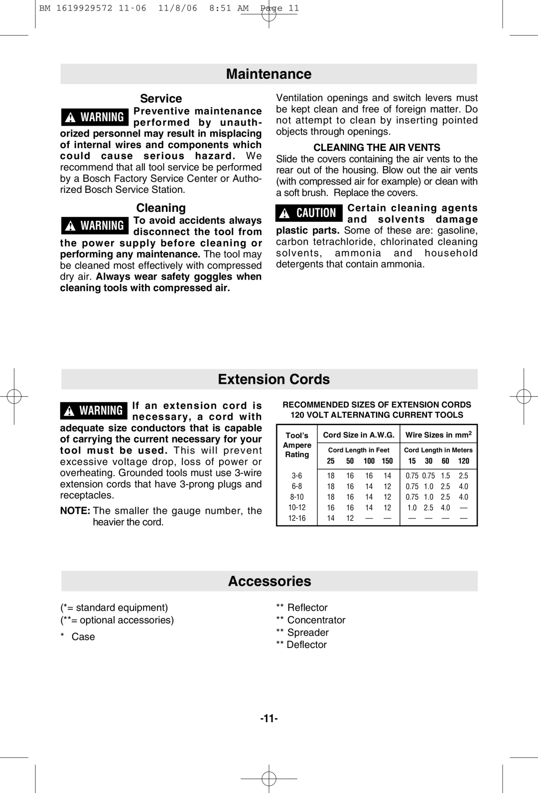 Bosch Power Tools 1944LCD manual Maintenance, Extension Cords, Accessories, Cleaning the AIR Vents 