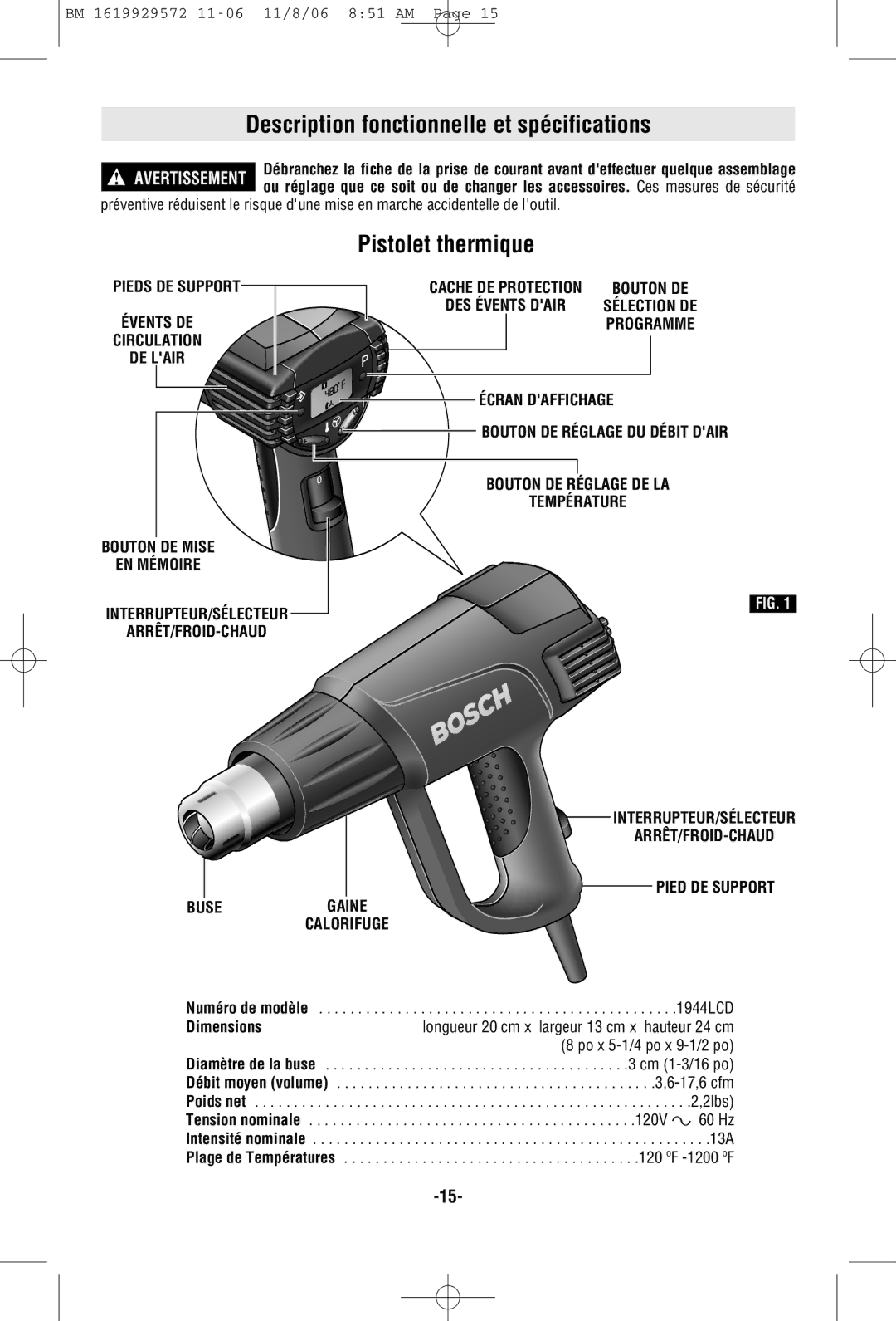 Bosch Power Tools 1944LCD manual Description fonctionnelle et spécifications, Pistolet thermique 