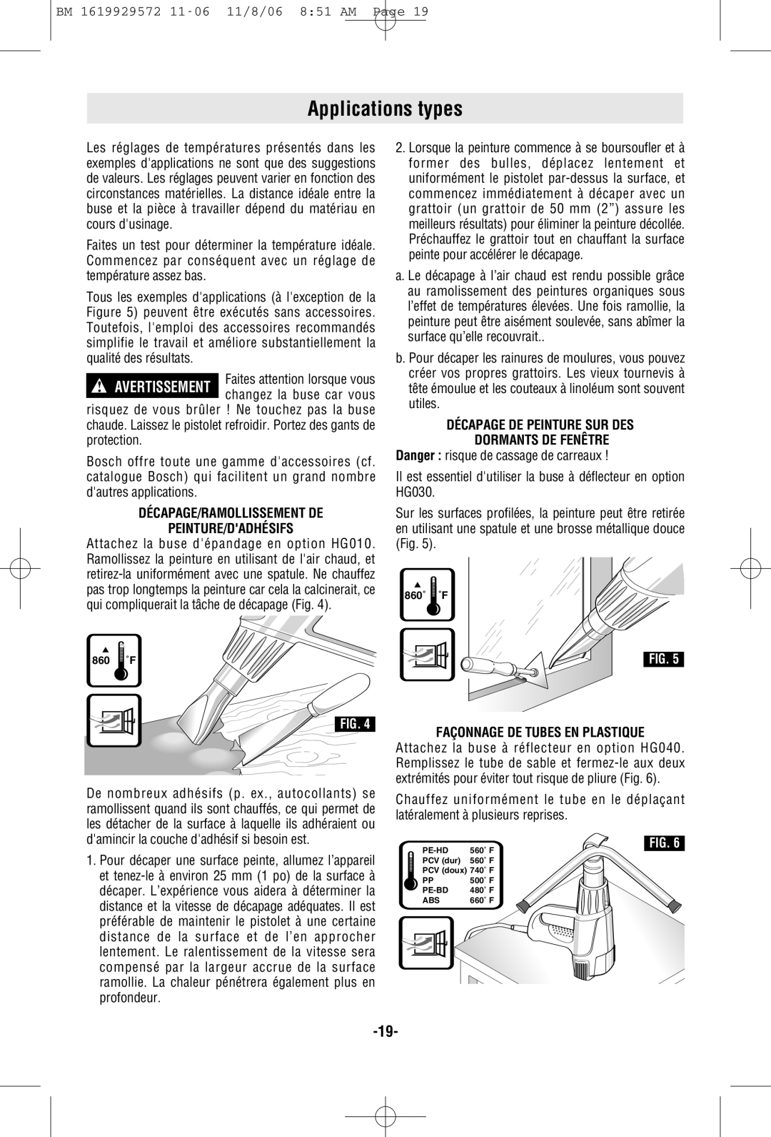 Bosch Power Tools 1944LCD manual Applications types, Décapage/Ramollissement De Peinture/Dadhésifs 