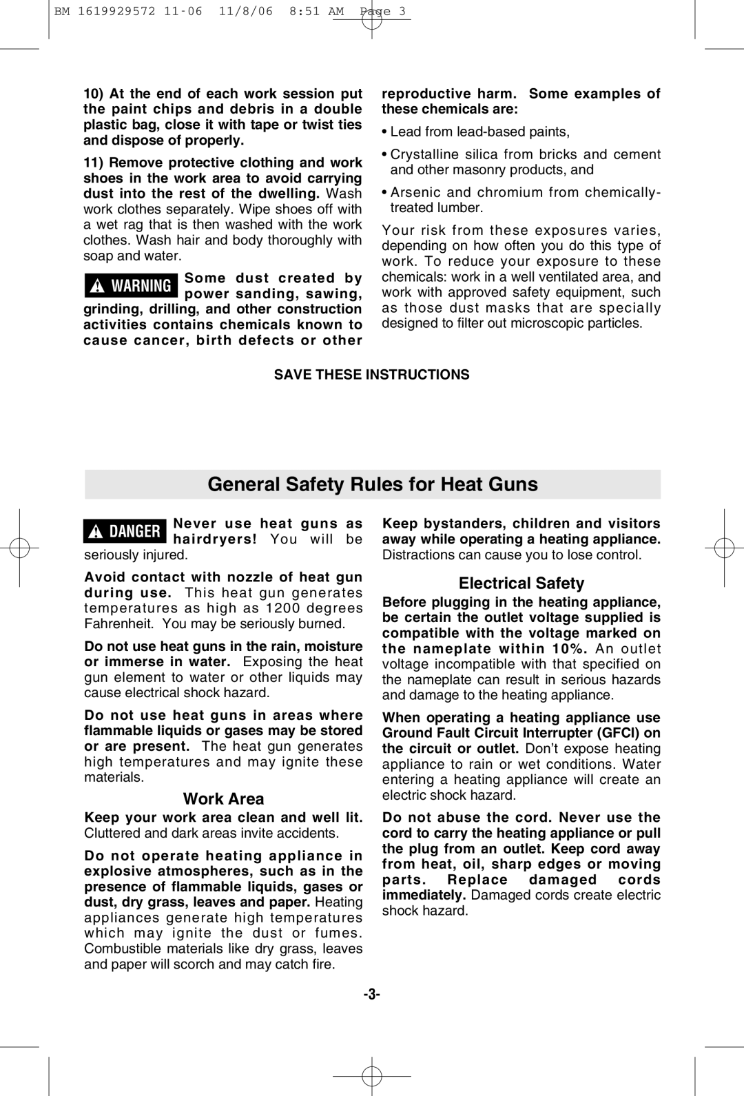 Bosch Power Tools 1944LCD manual General Safety Rules for Heat Guns, Work Area, Electrical Safety 