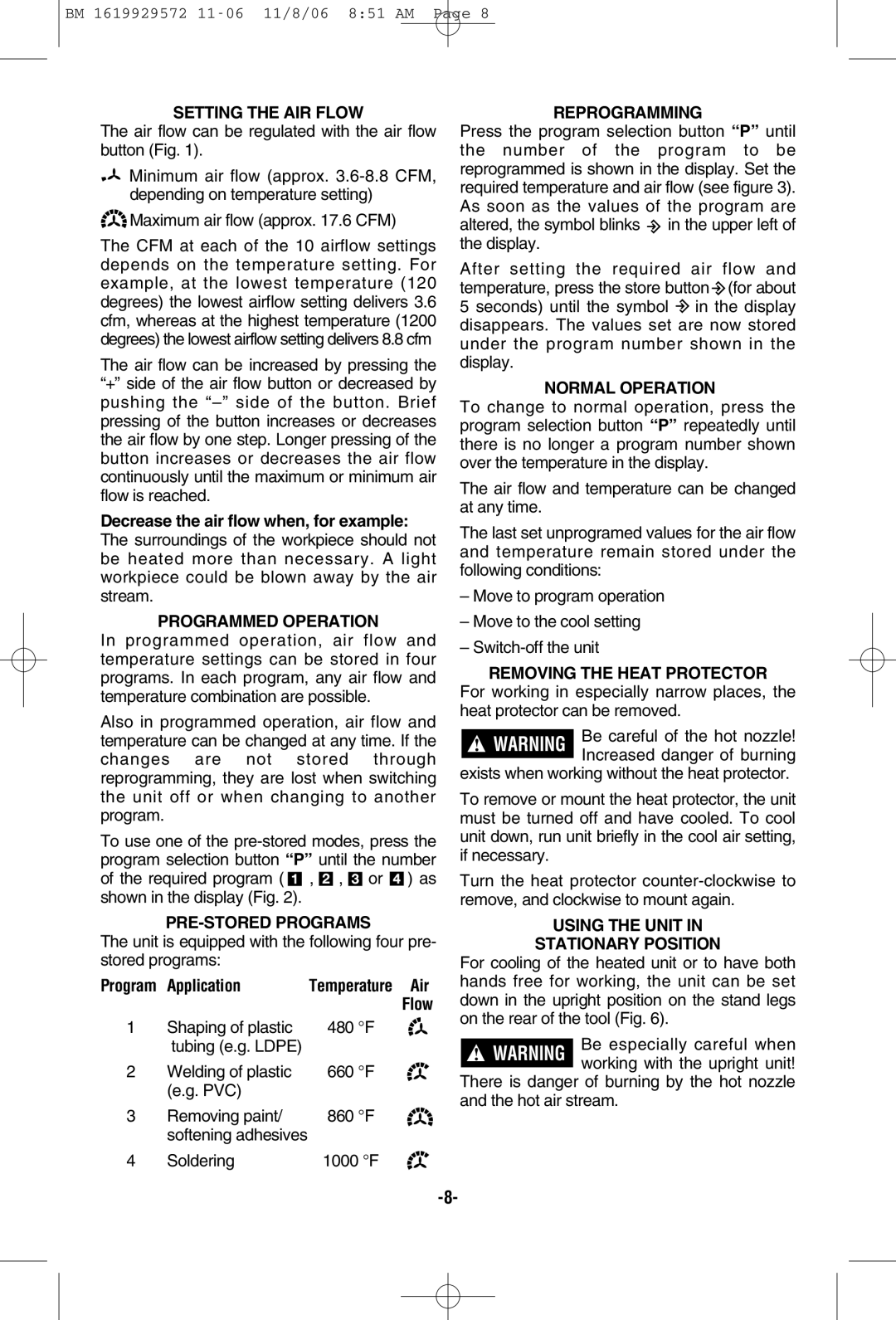 Bosch Power Tools 1944LCD Setting the AIR Flow, Programmed Operation, PRE-STORED Programs, Reprogramming, Normal Operation 