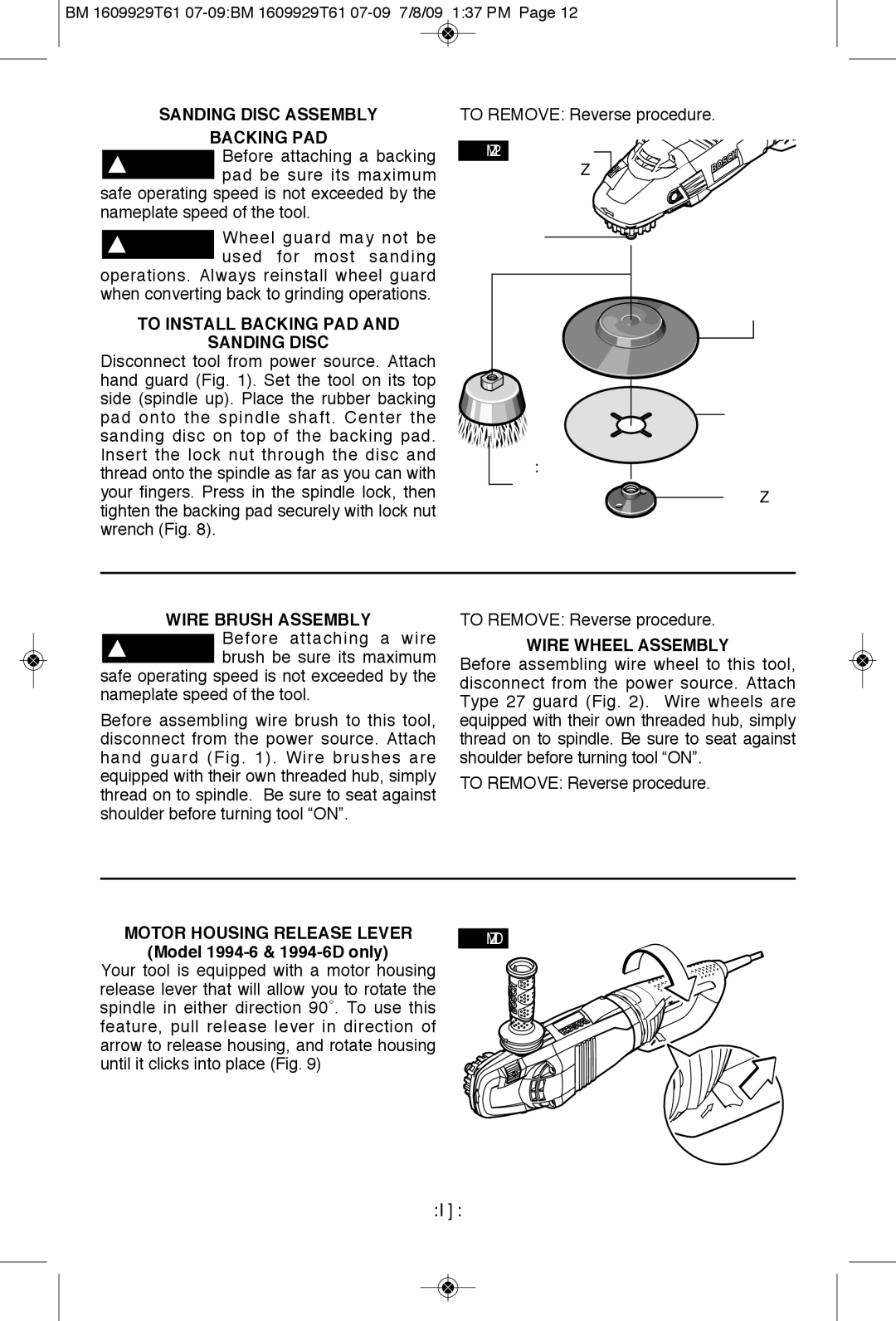 Bosch Power Tools 1994-6 manual Sanding Disc Assembly Backing PAD, To Install Backing PAD Sanding Disc, Wire Wheel Assembly 