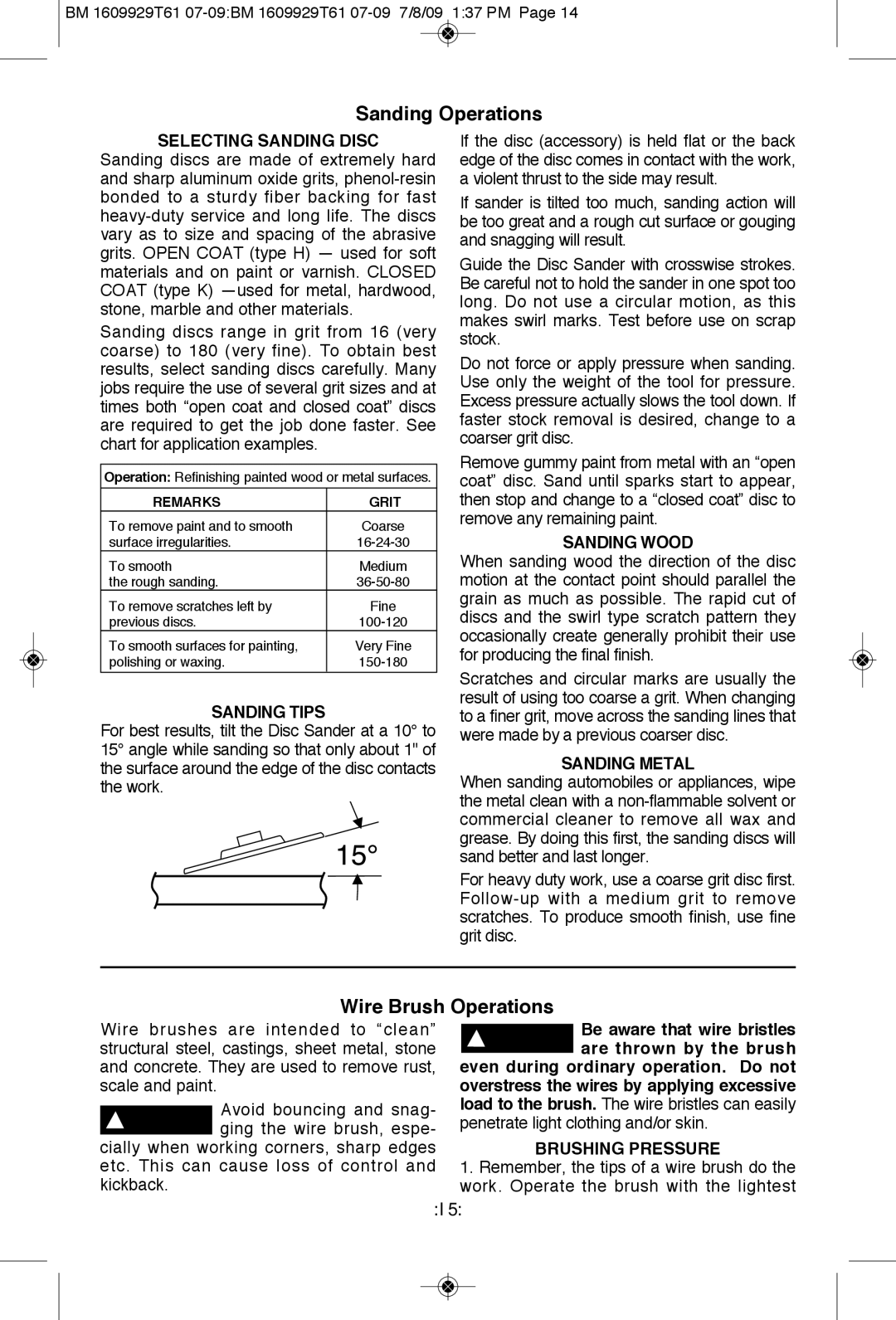 Bosch Power Tools 1994-6D, 1974-8D manual Sanding Operations, Wire Brush Operations 