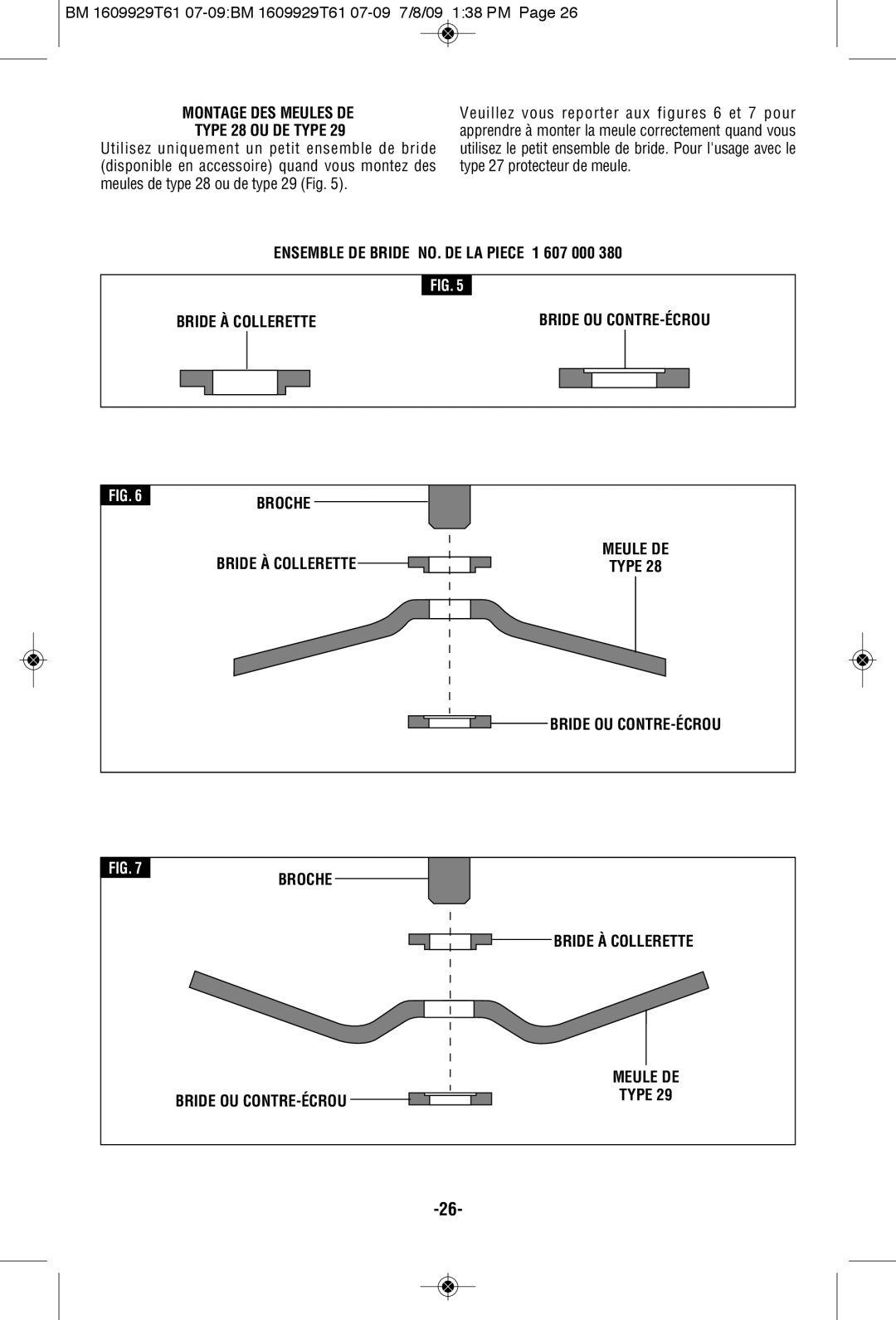 Bosch Power Tools 1994-6D manual Montage DES Meules DE Type 28 OU DE Type, Bride OU CONTRE-ÉCROU Broche Bride À Collerette 