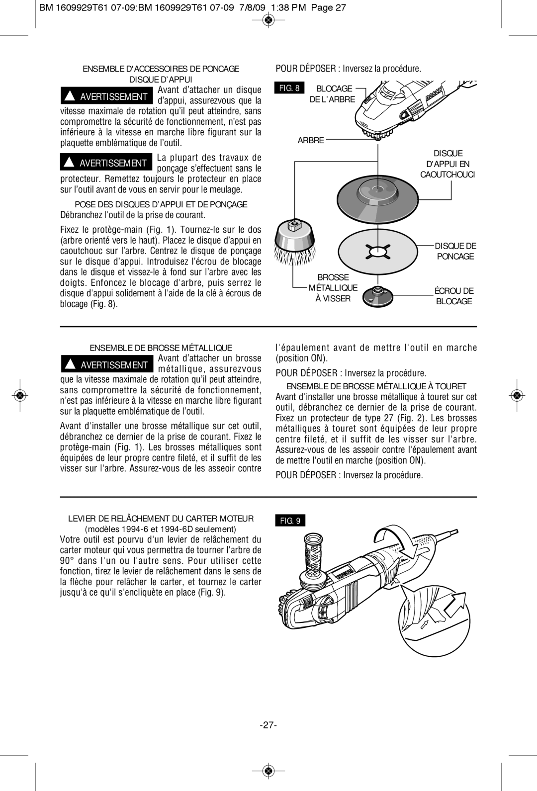 Bosch Power Tools 1974-8D, 1994-6 manual Ensemble Daccessoires DE Poncage Disque D’APPUI, Métallique Écrou DE Visser Blocage 