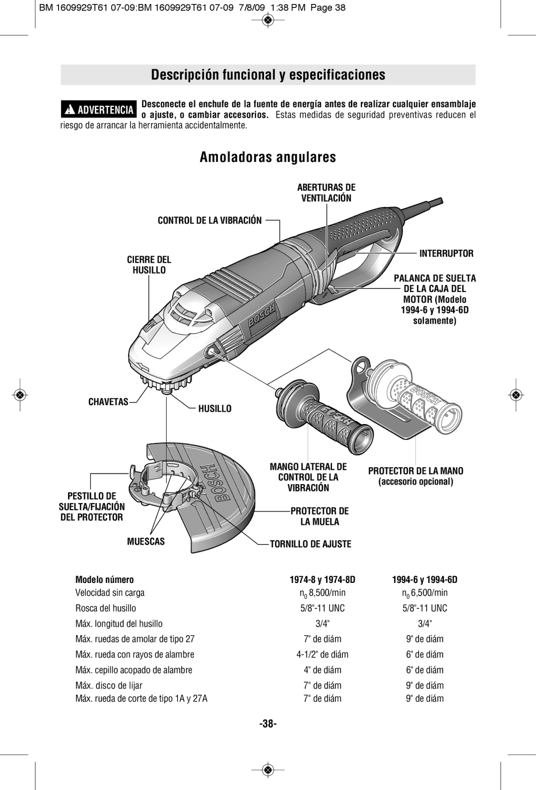 Bosch Power Tools 1994-6D, 1974-8 manual Descripción funcional y especificaciones, Amoladoras angulares, Solamente, Muescas 