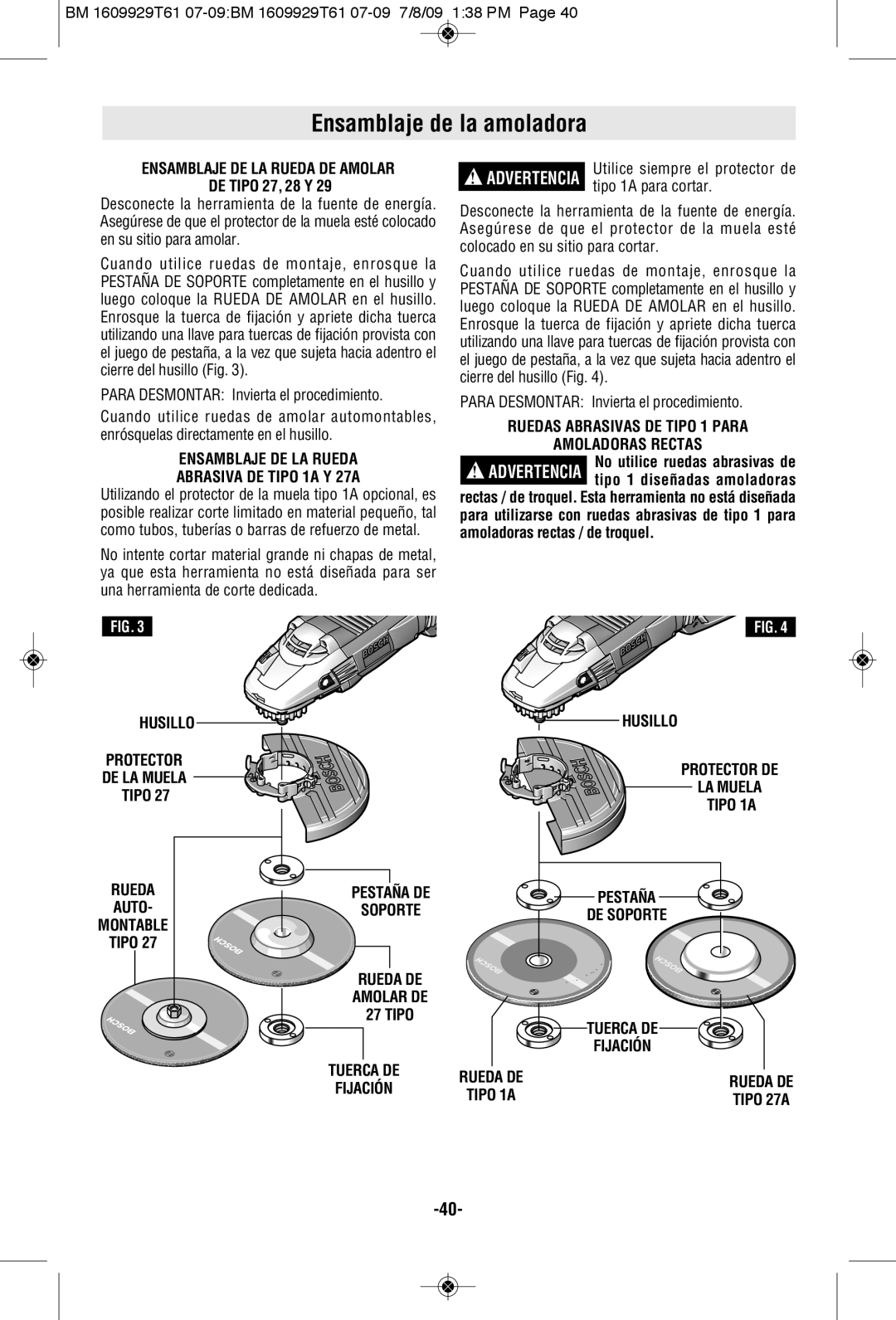 Bosch Power Tools 1994-6D, 1974-8D manual Ensamblaje de la amoladora, Ensamblaje DE LA Rueda DE Amolar 