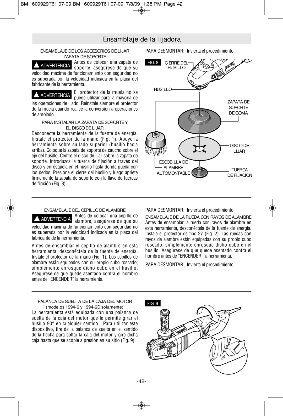 Bosch Power Tools 1994-6D, 1974-8D manual Ensamblaje de la lijadora, Zapata DE Soporte, EL Disco DE Lijar 