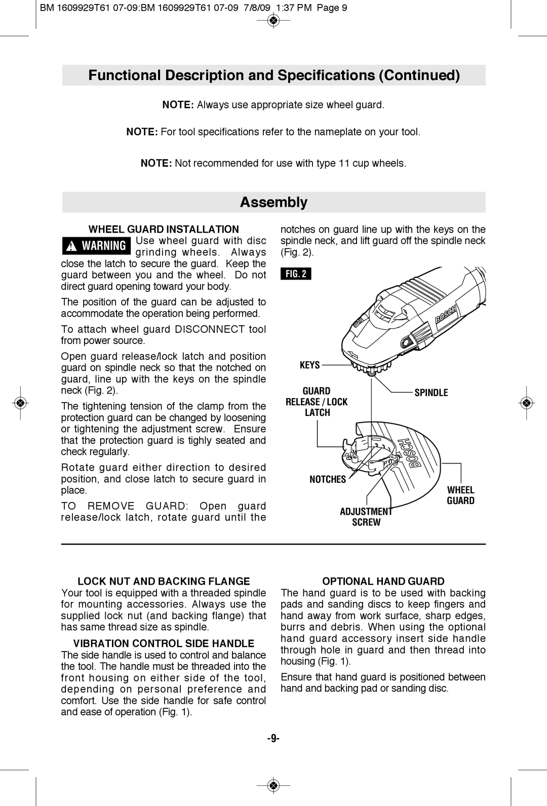 Bosch Power Tools 1974-8 Functional Description and Specifications Assembly, Wheel Guard Installation, Optional Hand Guard 