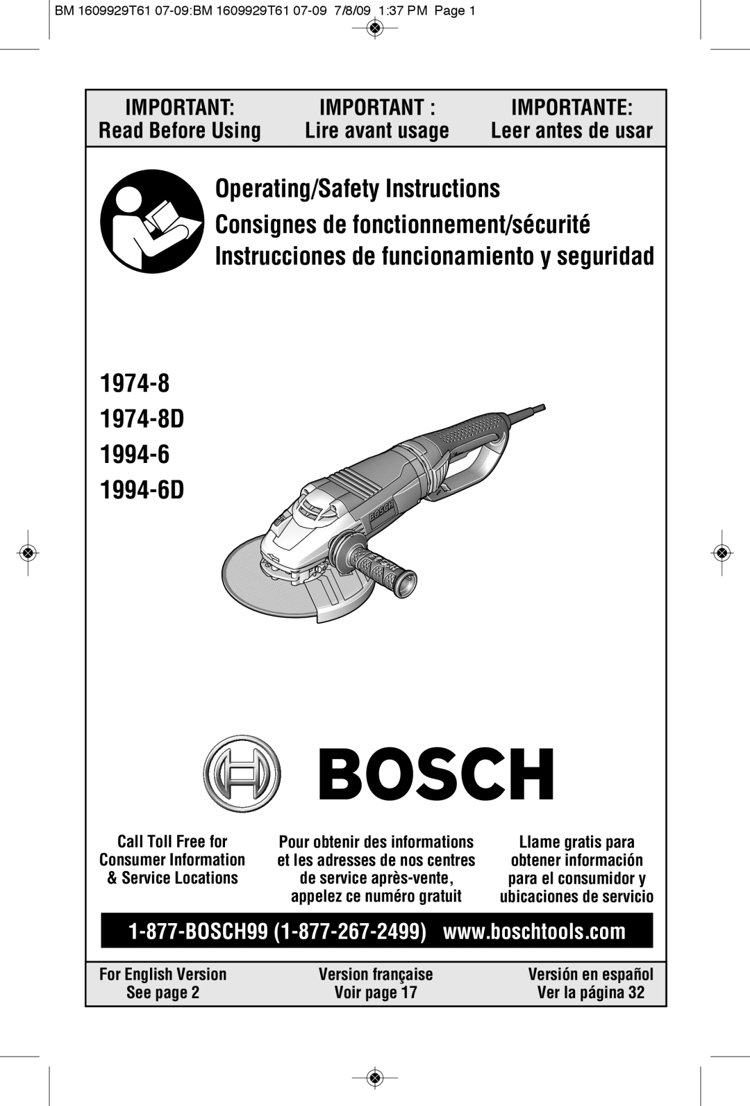 Bosch Power Tools 1974-8 manual Lire avant usage, Leer antes de usar, See page, Ver la página, Importante, Voir page 