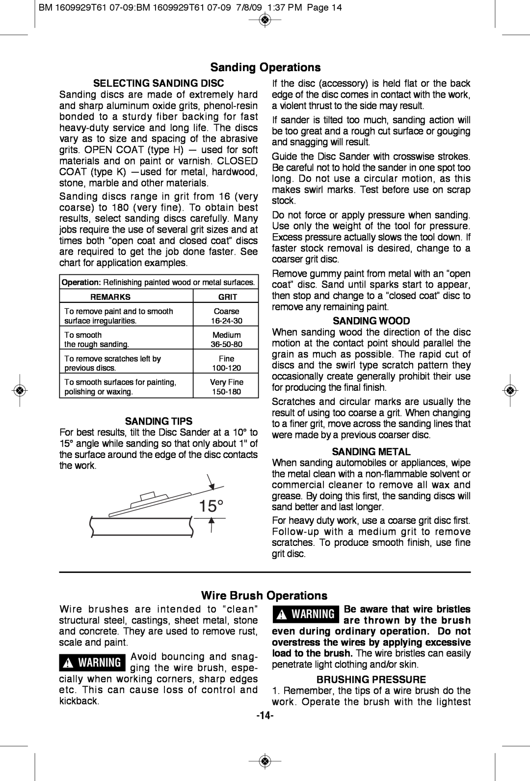 Bosch Power Tools 1994-6D Sanding Operations, Wire Brush Operations, Selecting Sanding Disc, Sanding Tips, Sanding Wood 