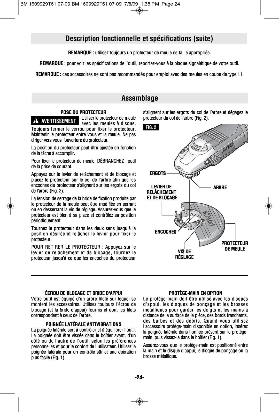 Bosch Power Tools 1994-6 Description fonctionnelle et spécifications suite, Assemblage, Pose Du Protecteur, Vis De, Ergots 