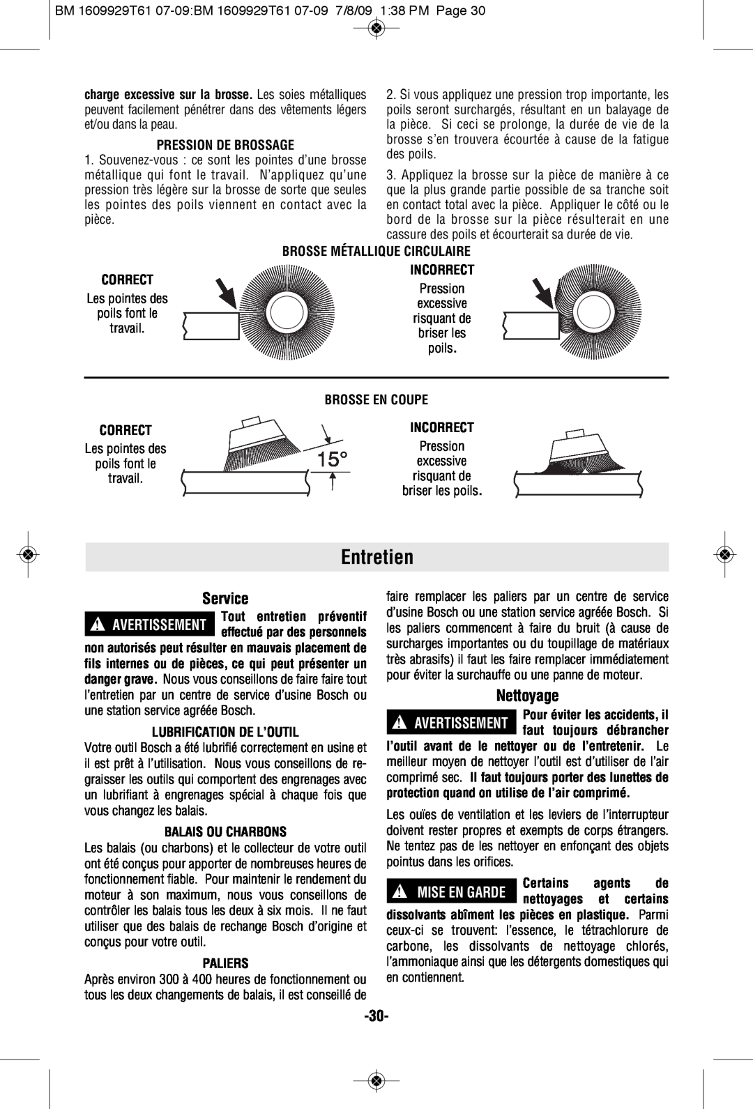 Bosch Power Tools 1994-6D manual Entretien, Nettoyage, Pression De Brossage, Brosse Métallique Circulaire, Brosse En Coupe 