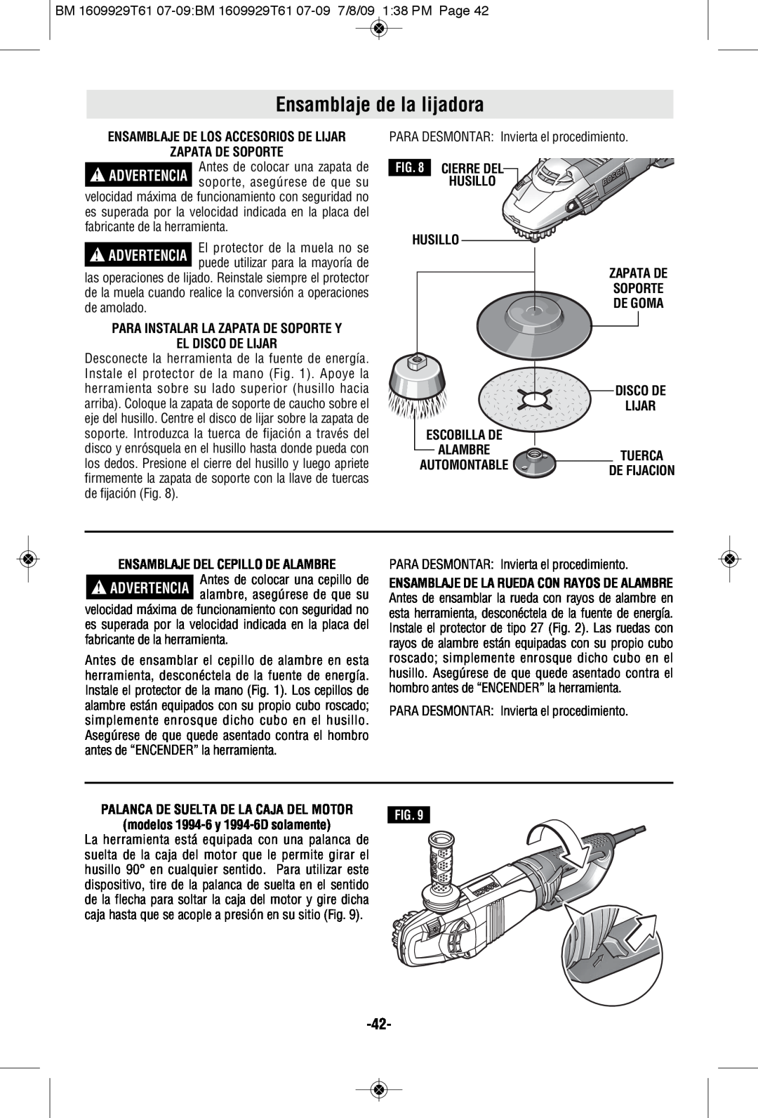 Bosch Power Tools 1994-6D, 1974-8D manual Ensamblaje de la lijadora, Zapata De Soporte, El Disco De Lijar 