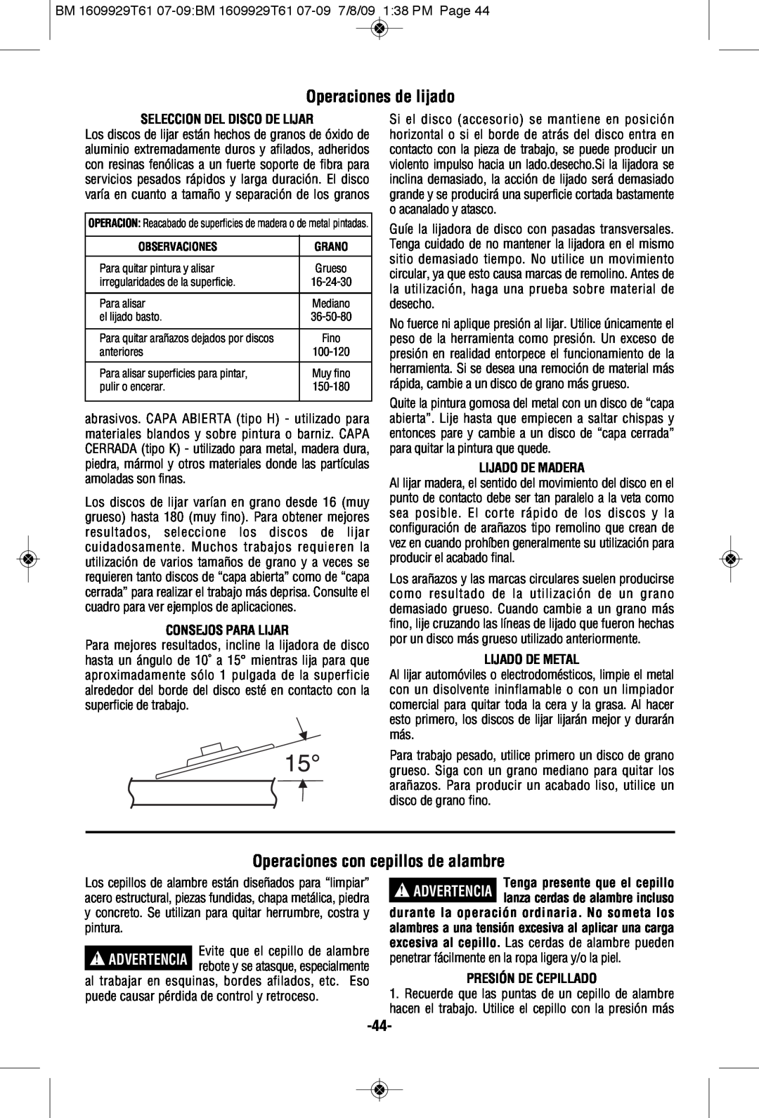 Bosch Power Tools 1994-6, 1974-8 Operaciones de lijado, Operaciones con cepillos de alambre, Seleccion Del Disco De Lijar 