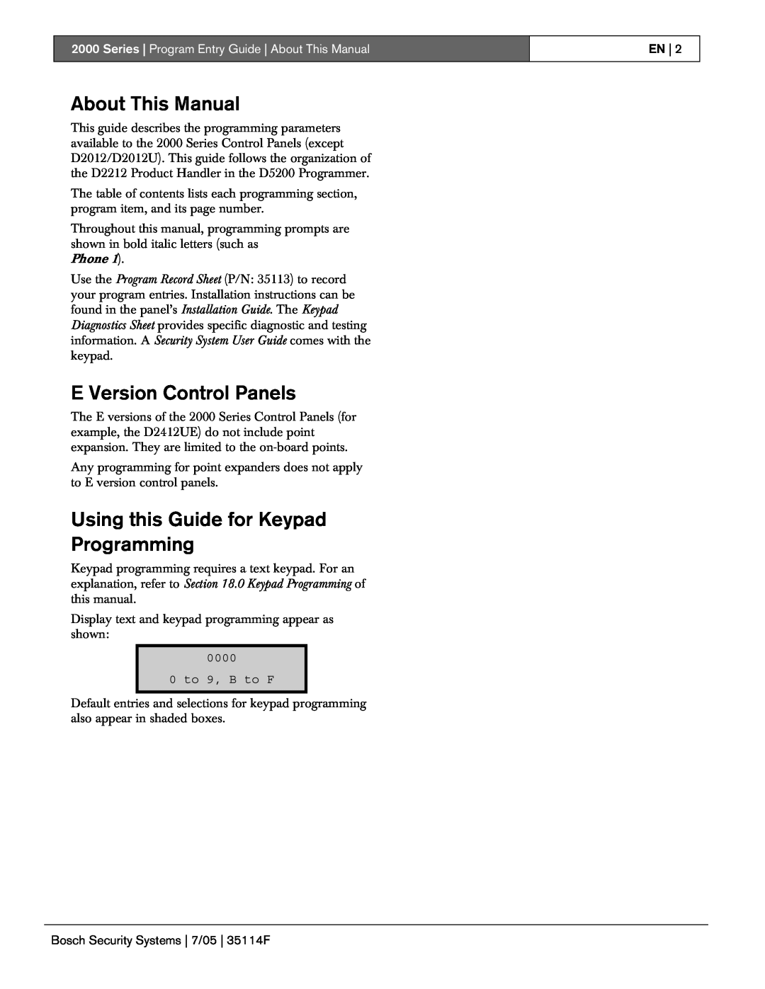 Bosch Power Tools 2000 manual About This Manual, E Version Control Panels, Using this Guide for Keypad Programming, En 