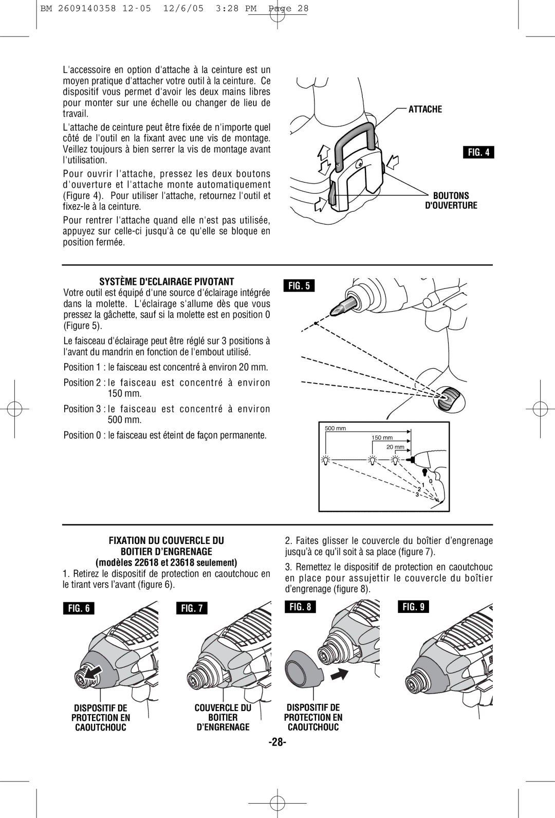 Bosch Power Tools 23609, 22612, 23614, 22614, 23612 Système Declairage Pivotant, Fixation DU Couvercle DU Boitier D’ENGRENAGE 