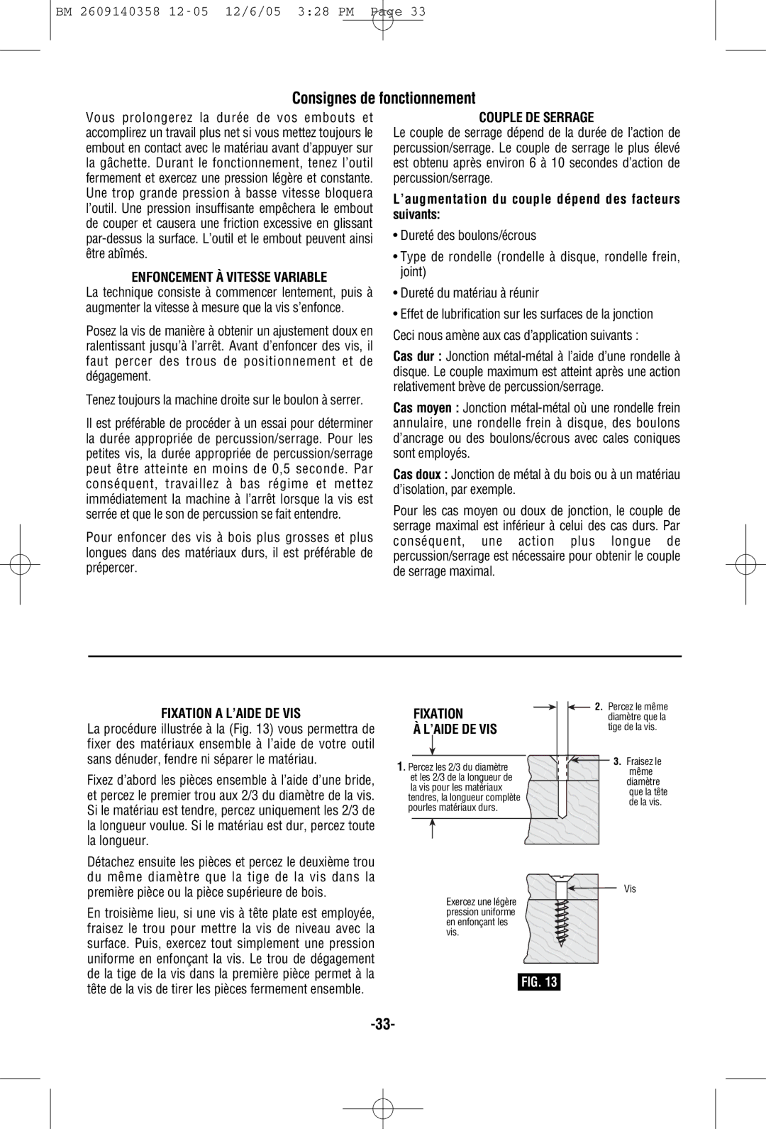 Bosch Power Tools 22618, 23609, 22612, 23614 Consignes de fonctionnement, Enfoncement À Vitesse Variable, Couple DE Serrage 