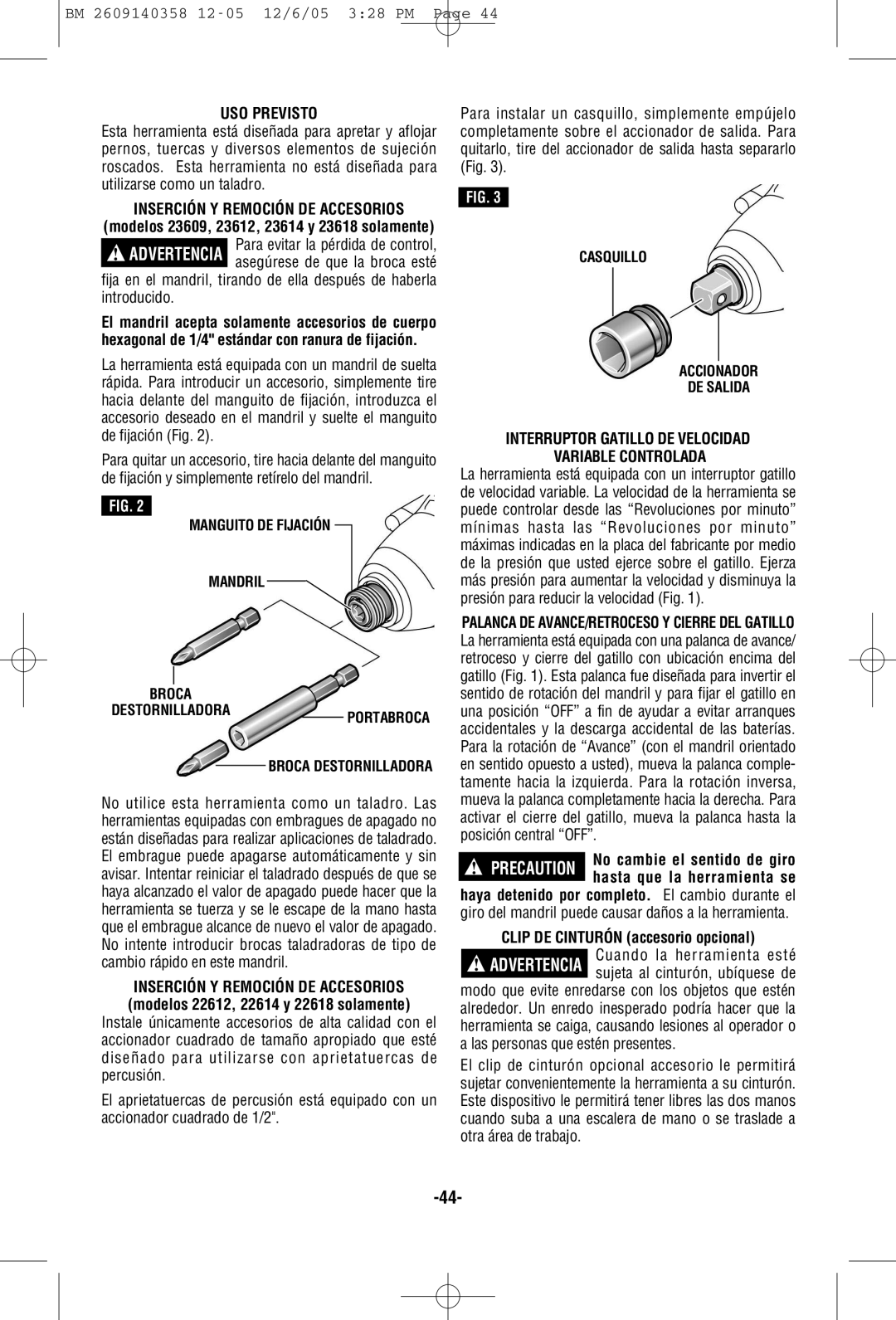 Bosch Power Tools 23614, 23609, 22612 USO Previsto, Inserción Y Remoción DE Accesorios, Clip DE Cinturón accesorio opcional 