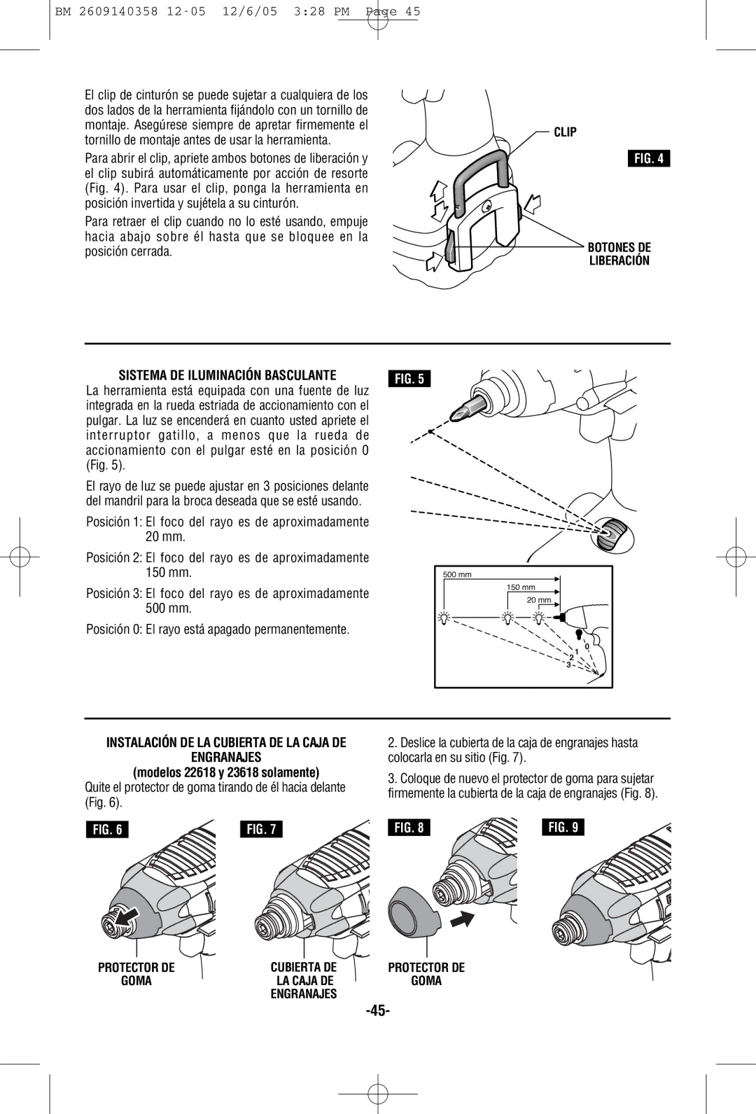 Bosch Power Tools 22614, 23609, 22612, 23614, 23612, 22618, 23618 manual Sistema DE Iluminación Basculante, 20 mm, Engranajes 