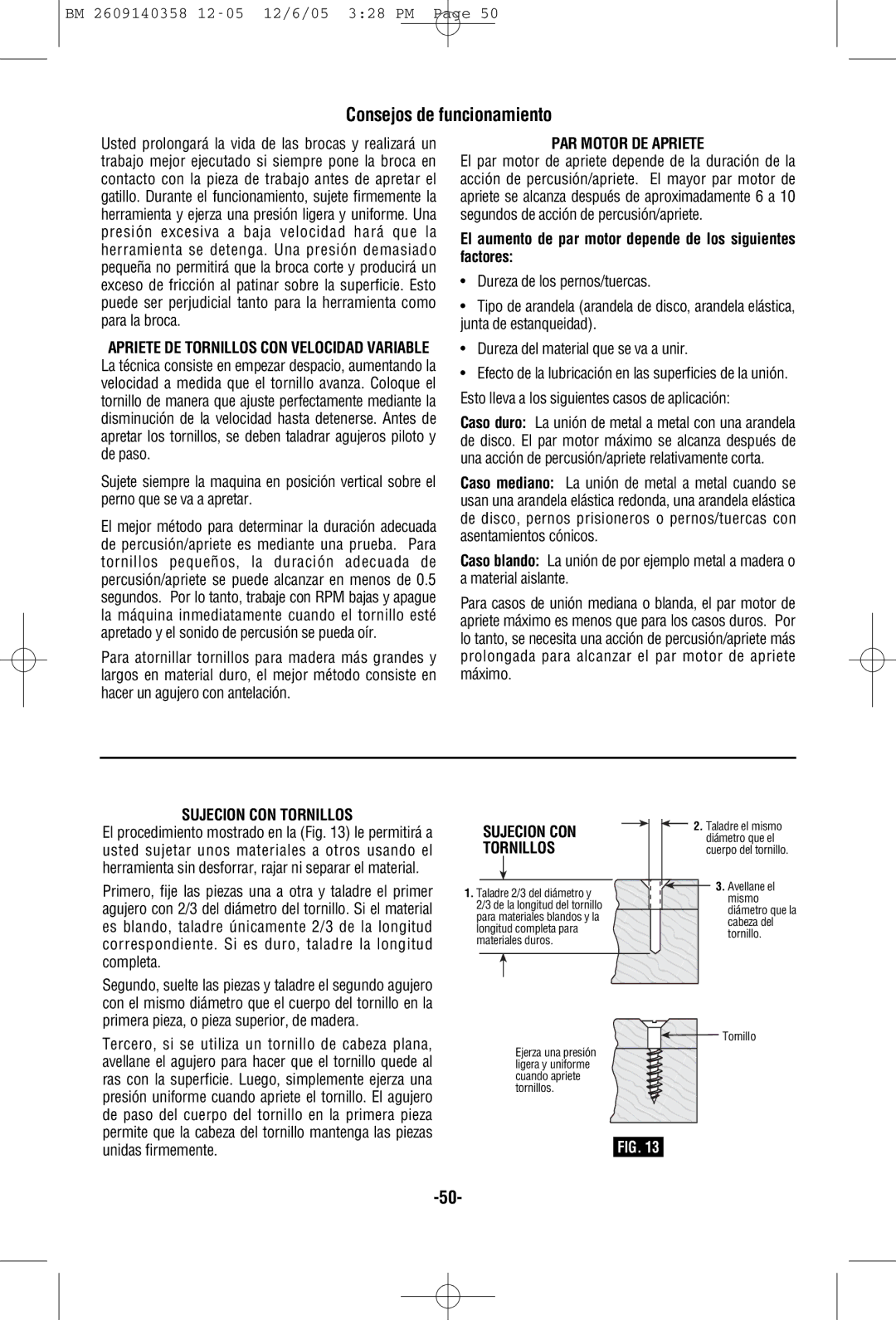 Bosch Power Tools 22612, 23609 Consejos de funcionamiento, PAR Motor DE Apriete, Sujecion CON Tornillos, Unidas firmemente 