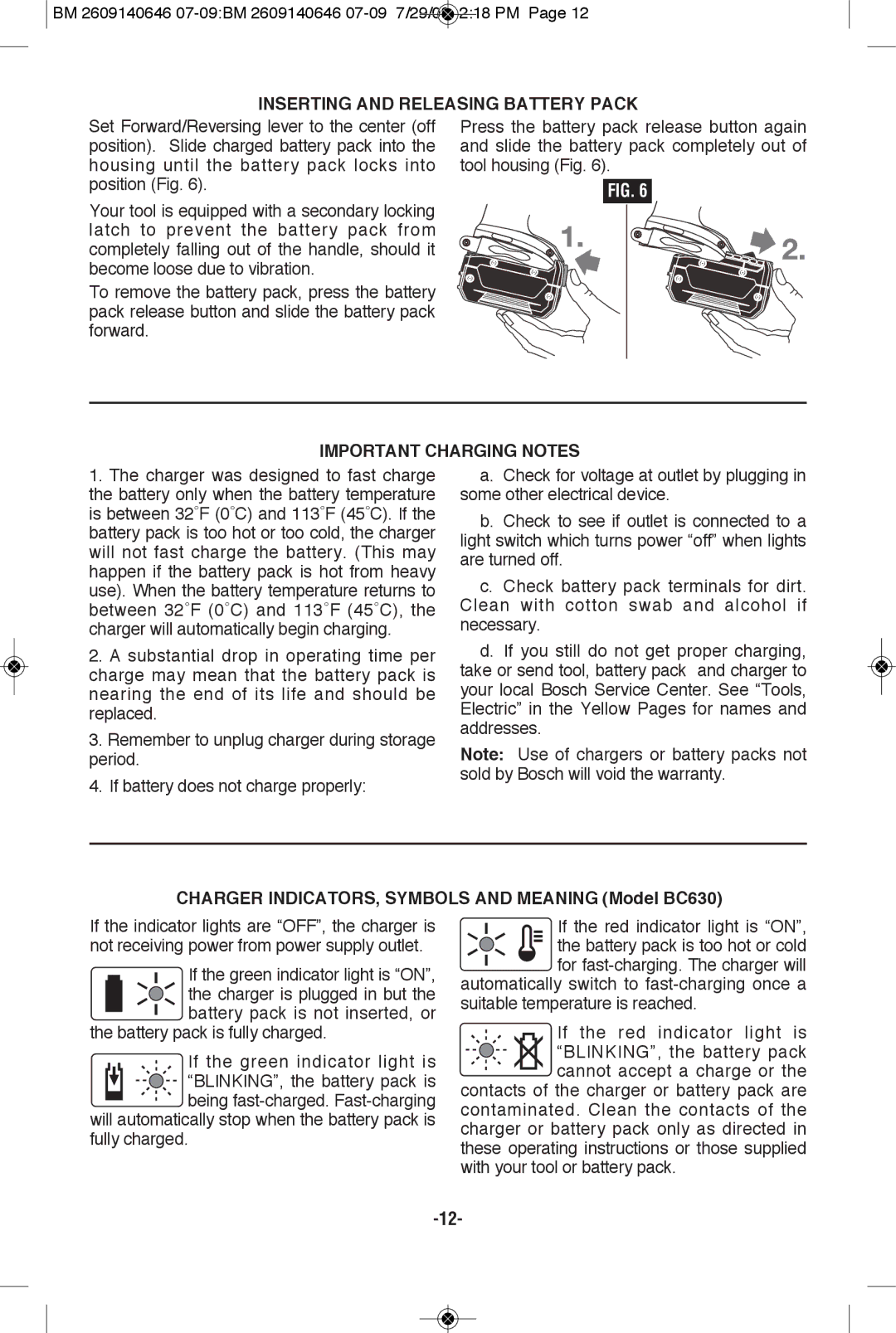 Bosch Power Tools 26618-01, 26618BL manual Inserting and Releasing BATTERy Pack, Important Charging Notes 