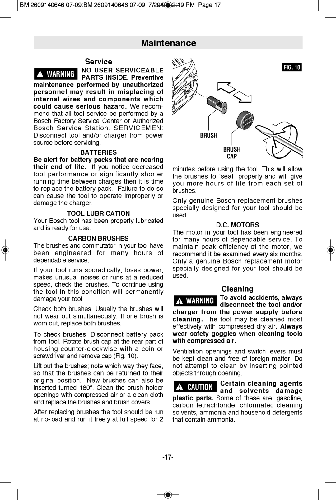 Bosch Power Tools 26618-01, 26618BL manual Maintenance, Cleaning 