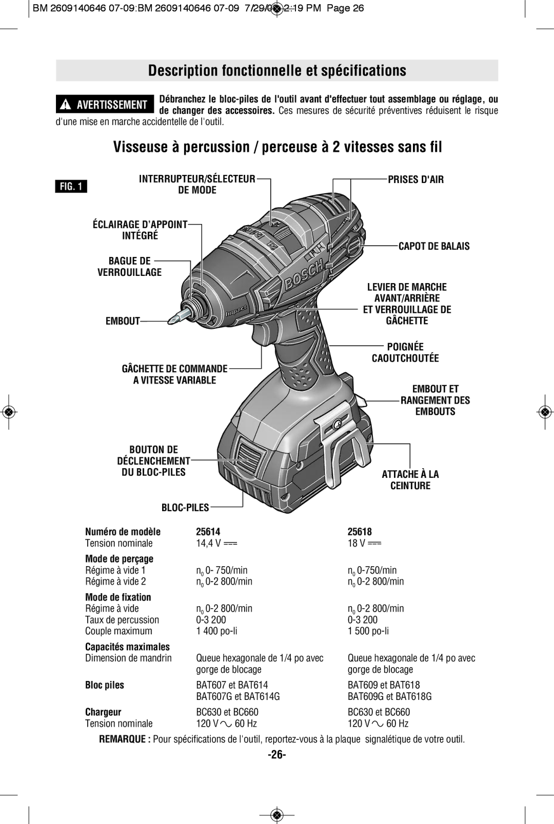 Bosch Power Tools 26618-01, 26618BL manual Description fonctionnelle et spécifications 