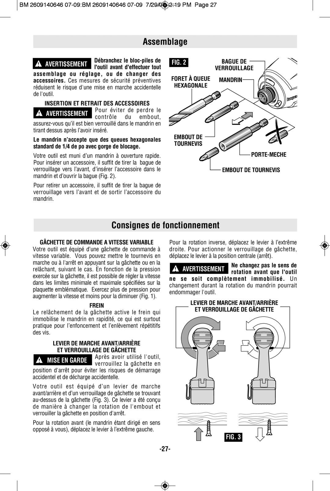 Bosch Power Tools 26618-01, 26618BL manual Assemblage, Consignes de fonctionnement 