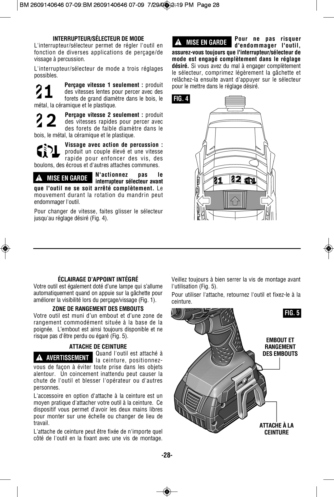 Bosch Power Tools 26618BL manual INTERRUPTEUR/SÉLECTEUR DE Mode, Éclairage D’APPOINT Intégré, Zone DE Rangement DES Embouts 