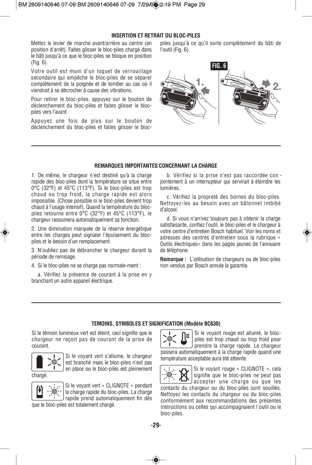 Bosch Power Tools 26618-01, 26618BL manual Insertion ET Retrait DU BLOC-PILES, Remarques Importantes Concernant LA Charge 