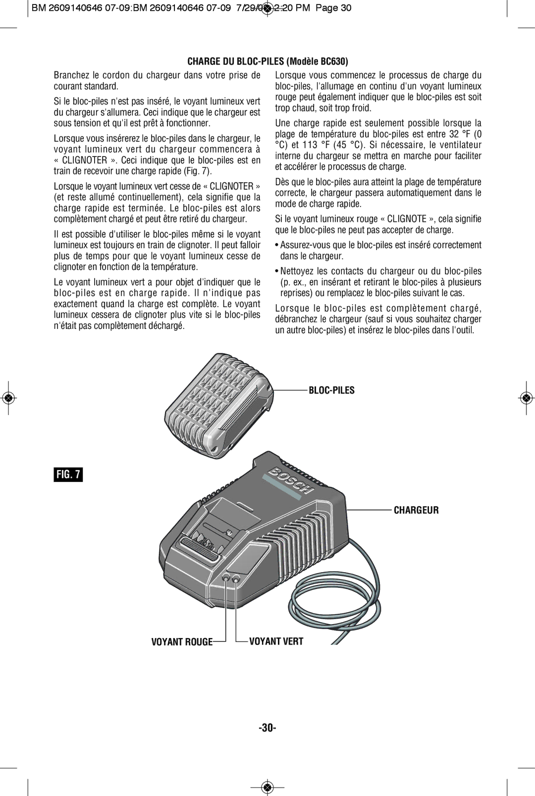 Bosch Power Tools 26618-01, 26618BL manual Charge DU BLOC-PILES Modèle BC630, BLOC-PILES Chargeur Voyant Rouge Voyant Vert 