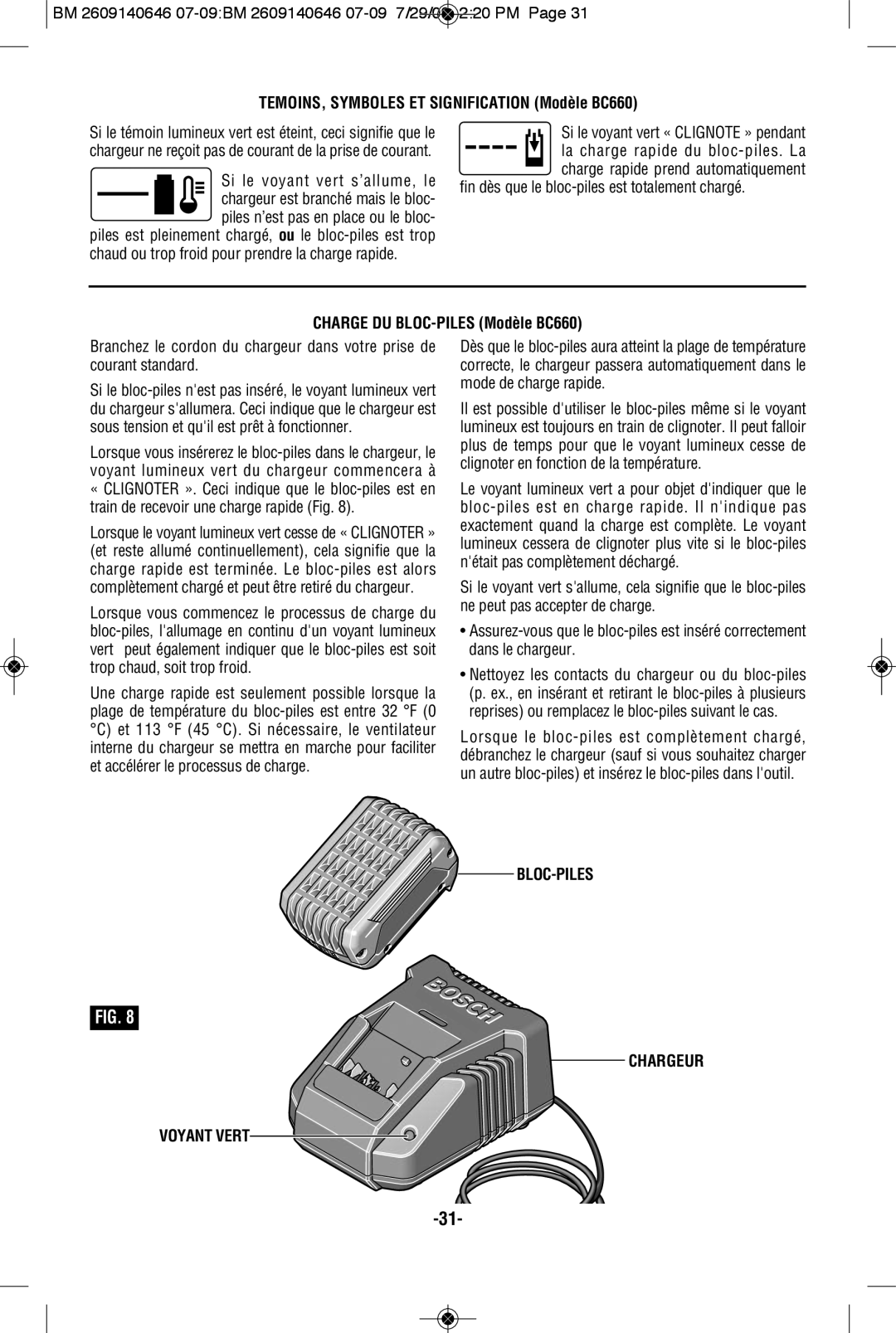 Bosch Power Tools 26618BL, 26618-01 TEMOINS, Symboles ET Signification Modèle BC660, Charge DU BLOC-PILES Modèle BC660 