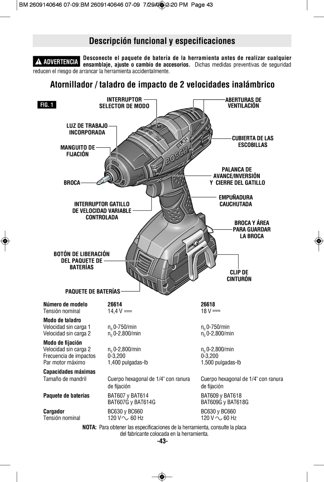 Bosch Power Tools 26618BL, 26618-01 manual Descripción funcional y especificaciones 