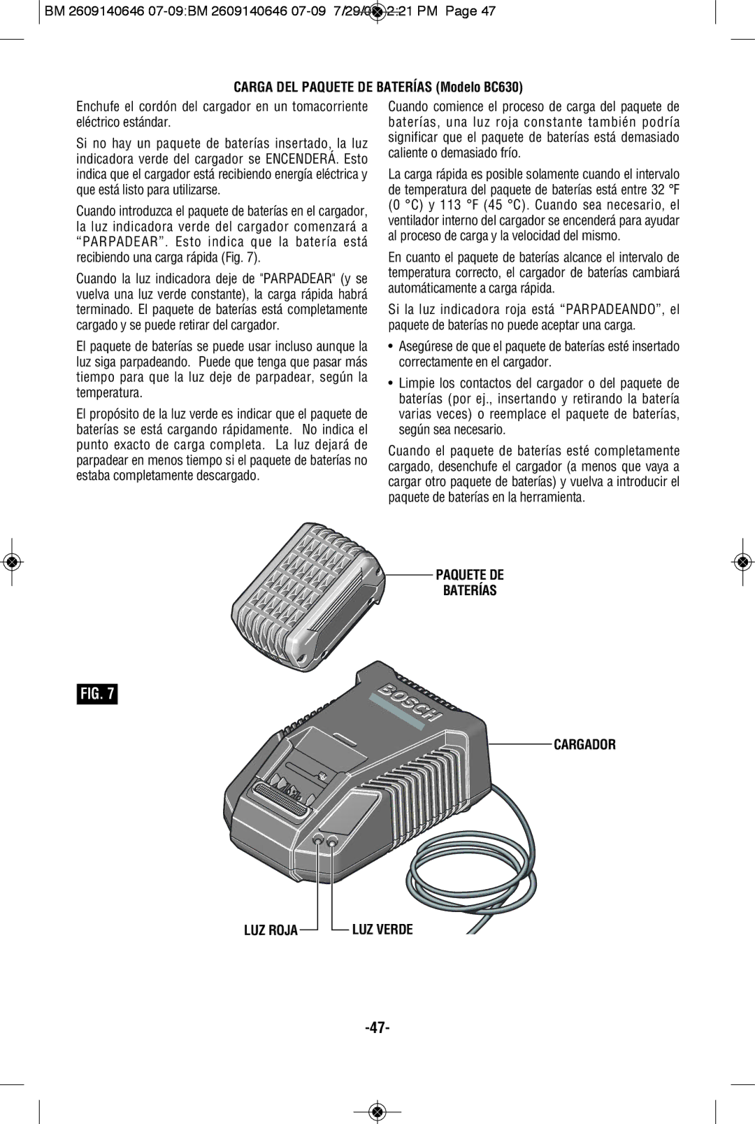 Bosch Power Tools 26618B manual Carga DEL Paquete DE Baterías Modelo BC630, Paquete DE Baterías Cargador LUZ Roja LUZ Verde 