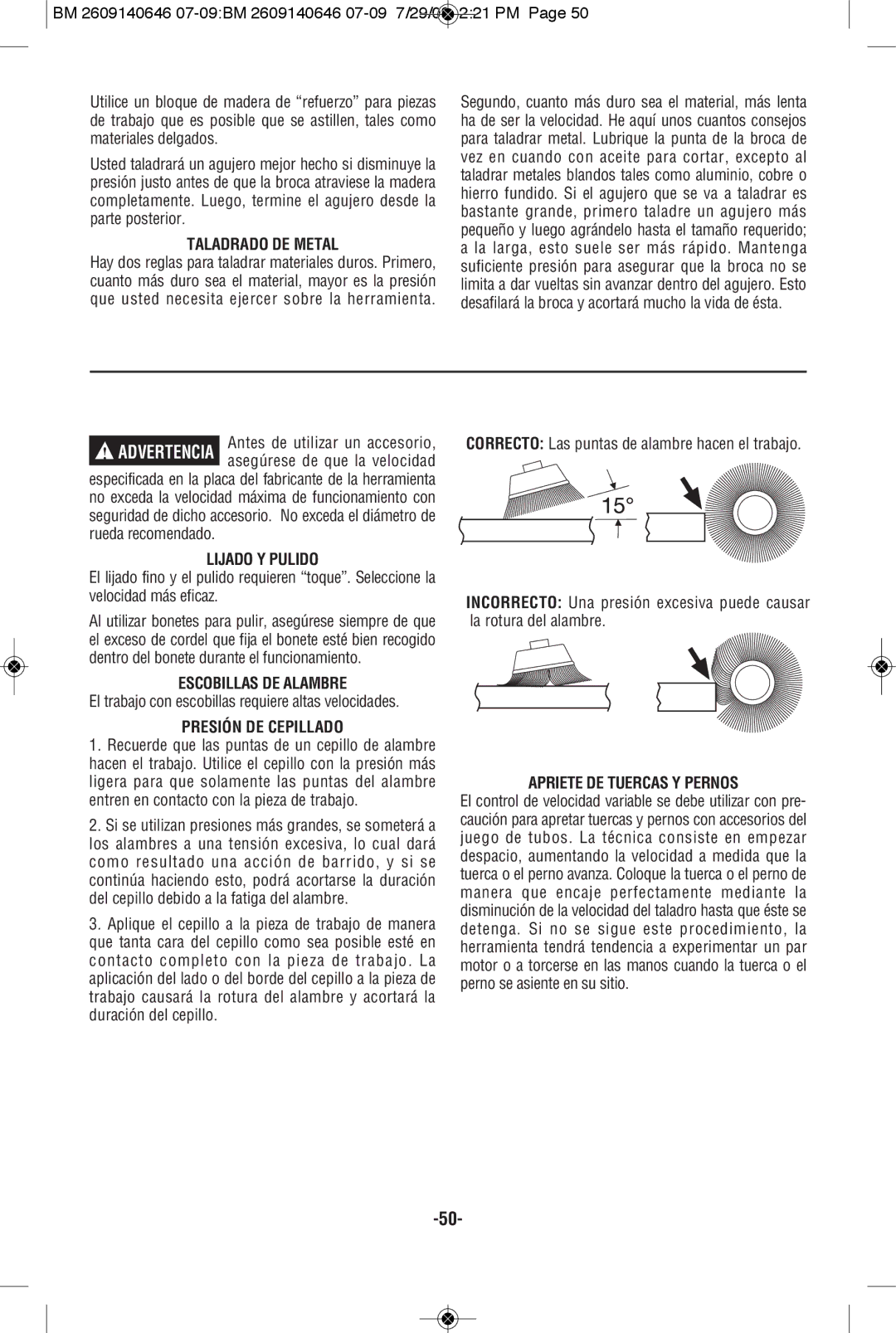 Bosch Power Tools 26618B, 26618-01 manual Taladrado DE Metal, Lijado Y Pulido, Escobillas DE Alambre, Presión DE Cepillado 