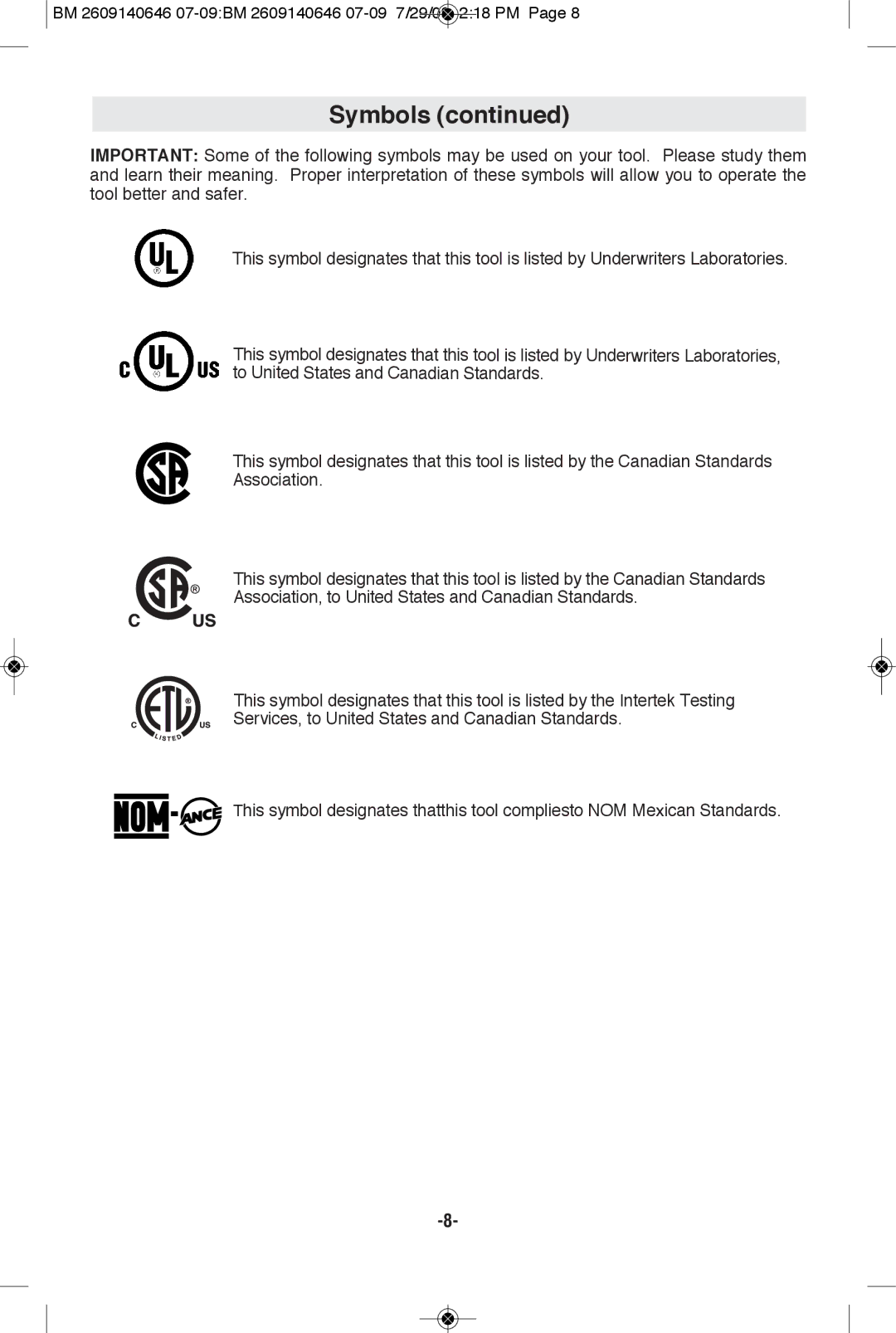 Bosch Power Tools 26618-01, 26618BL manual Symbols 