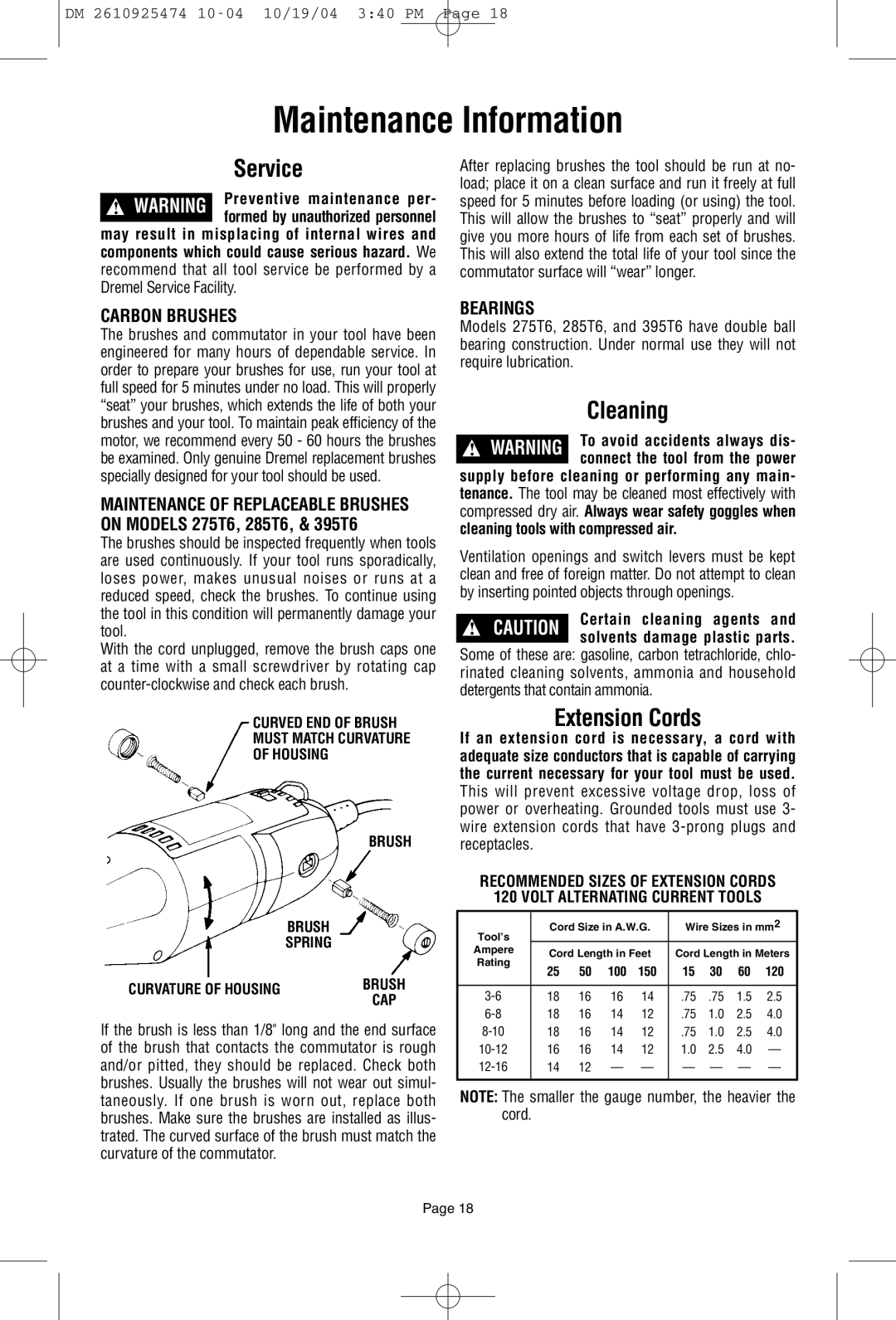 Bosch Power Tools 275T6, 285T6, 395T6 owner manual Maintenance Information, Cleaning, Extension Cords 