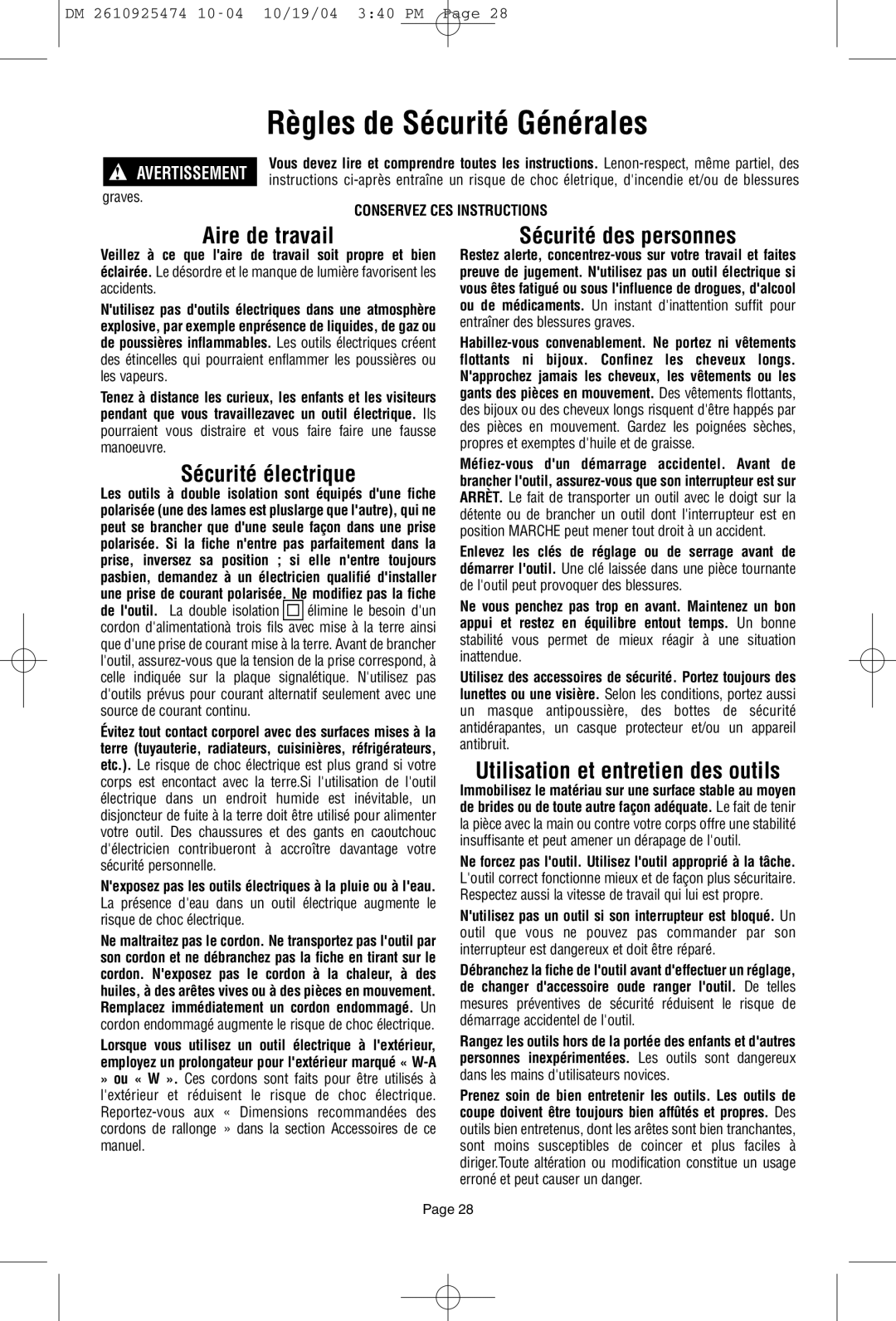 Bosch Power Tools 275T6, 285T6, 395T6 owner manual Règles de Sécurité Générales, Conservez CES Instructions 