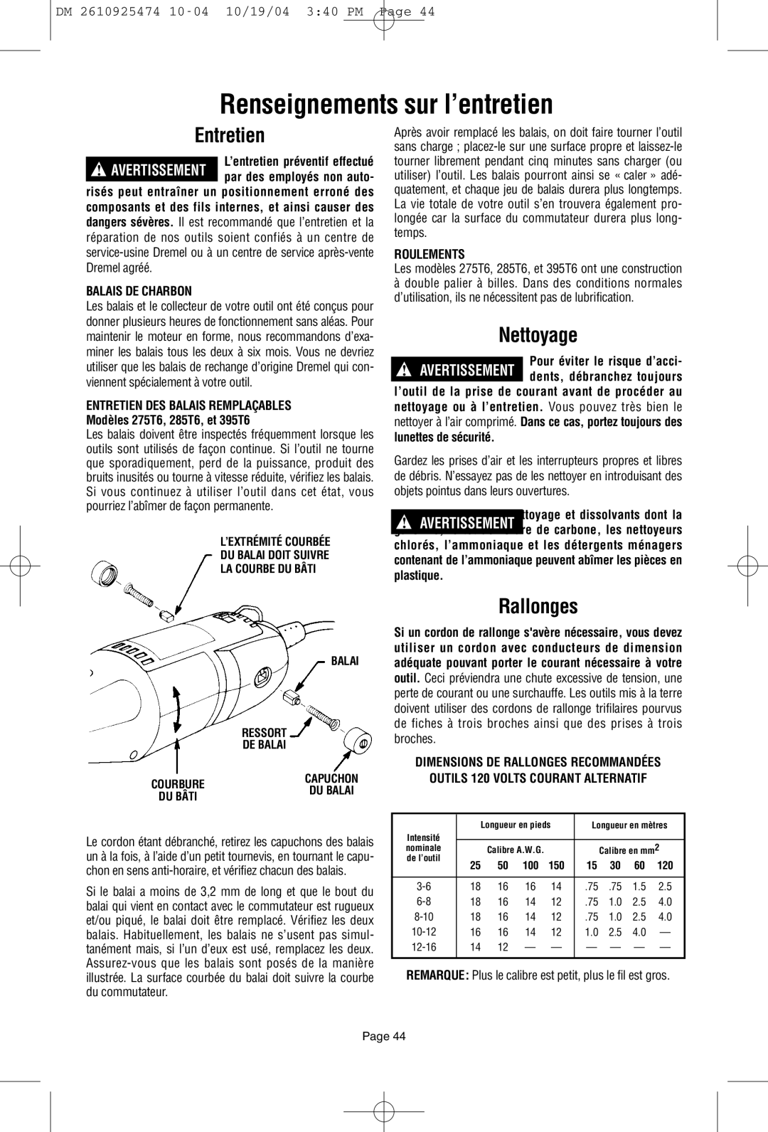 Bosch Power Tools 275T6, 285T6, 395T6 owner manual Renseignements sur l’entretien, Entretien, Nettoyage, Rallonges 