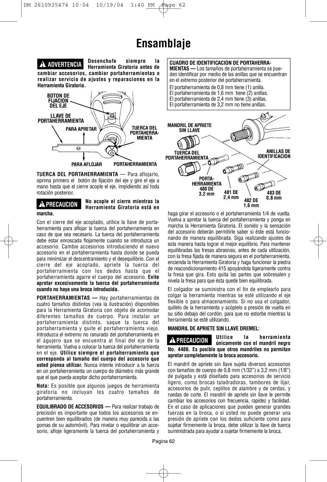 Bosch Power Tools 275T6, 285T6, 395T6 owner manual Ensamblaje, Boton DE Fijacion DEL EJE Llave DE Portaherramienta 