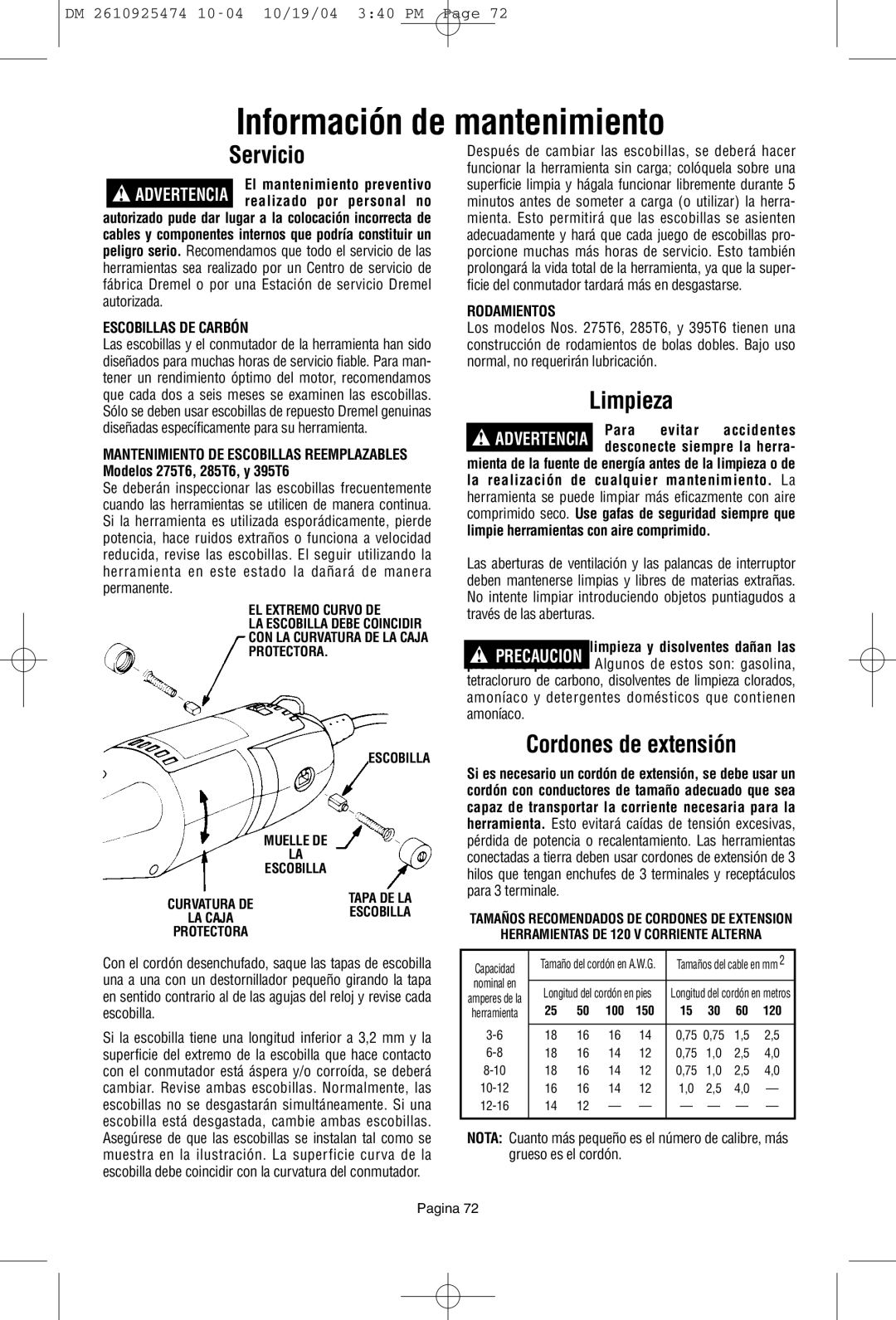 Bosch Power Tools 275T6, 285T6, 395T6 owner manual Información de mantenimiento, Servicio, Limpieza, Cordones de extensión 