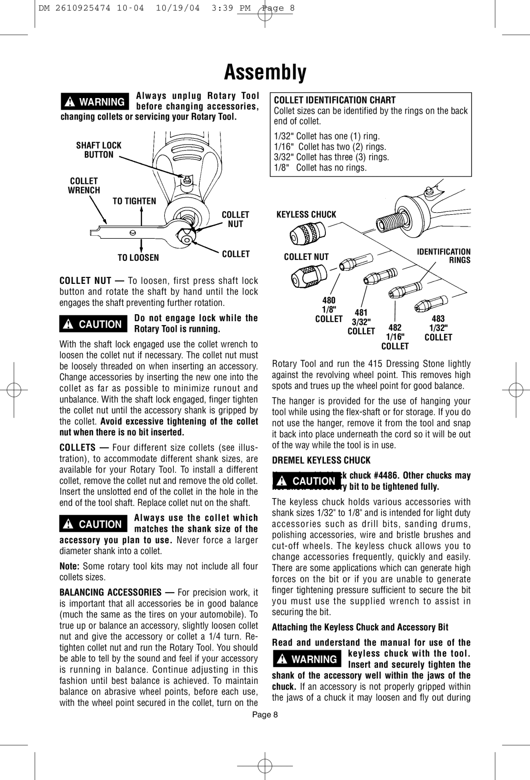 Bosch Power Tools 275T6, 285T6, 395T6 Assembly, Rotary Tool is running, Collet Identification Chart, Dremel Keyless Chuck 