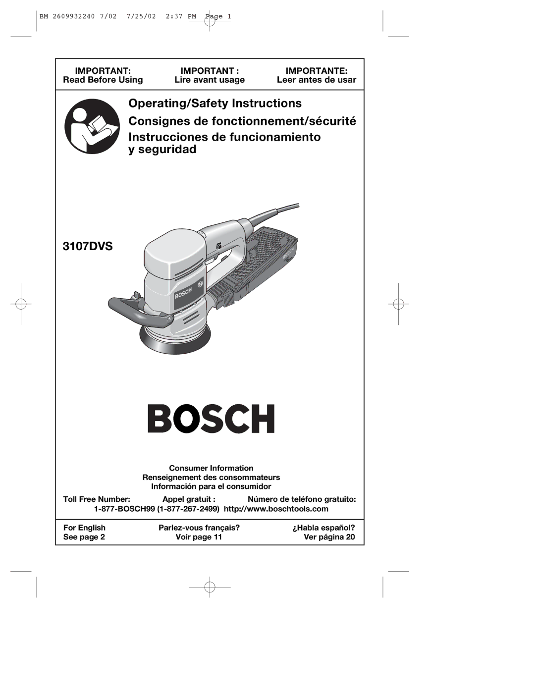 Bosch Power Tools 3107DVS manual Importante 