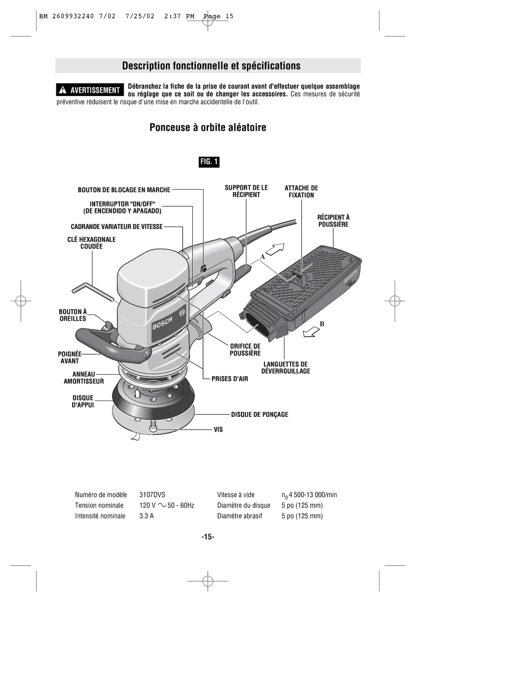 Bosch Power Tools 3107DVS manual Description fonctionnelle et spécifications, Ponceuse à orbite aléatoire 